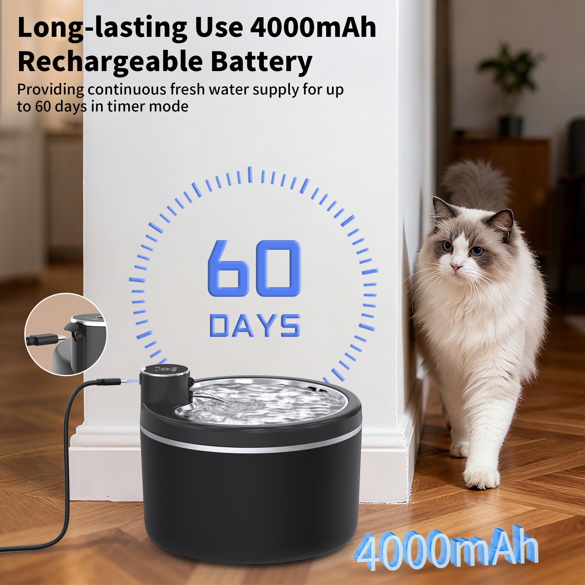 Cat Water Fountain Cordless, 108oz/3L Pet Fountains for Cats Indoor with Stainless Steel Tray, Battery Operated Cat Drinking Fountain with Motion Sensor, Ultra Quiet Pump (Cat Fountain+8Filters) - image 3