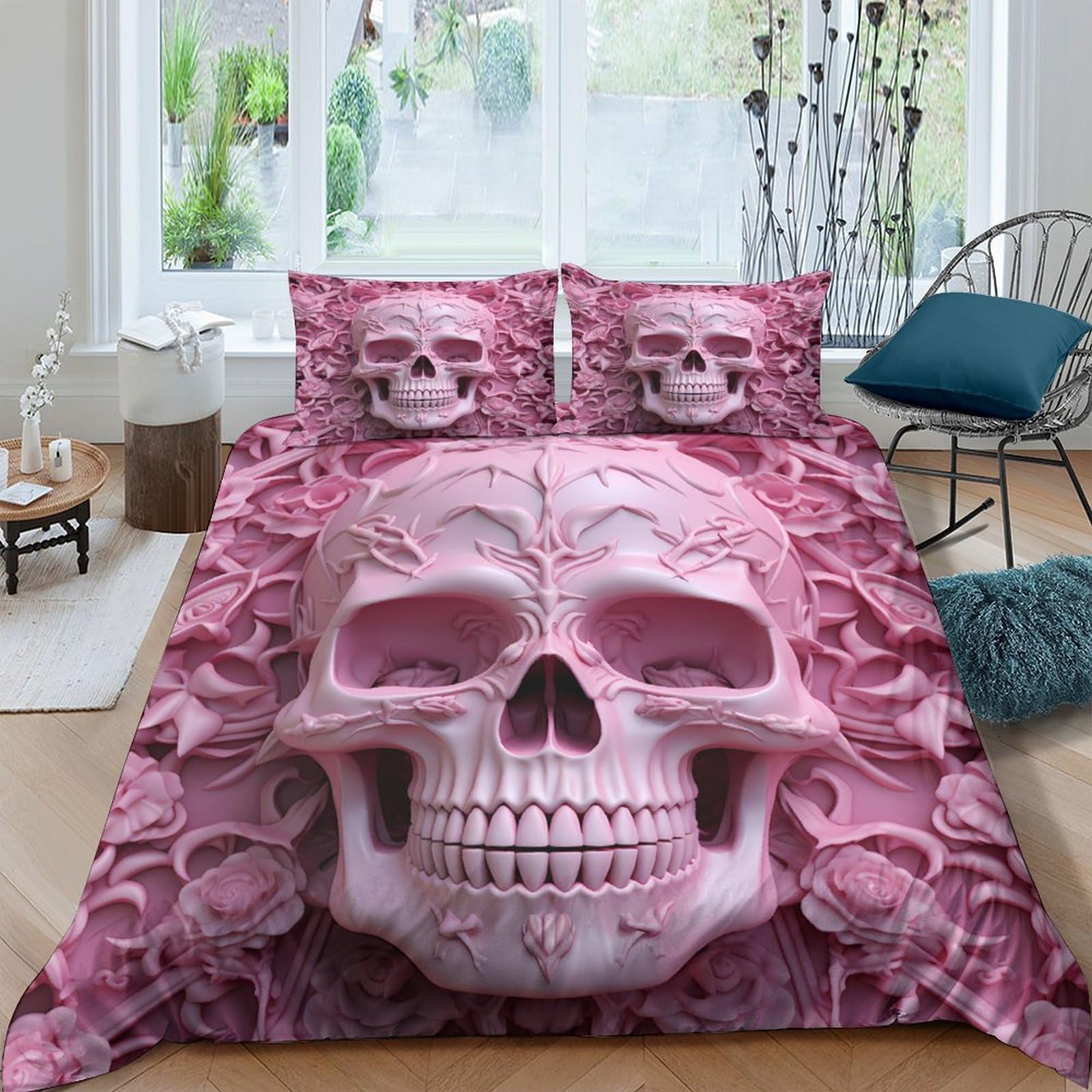 Ctjqhvkz Style-9 3D Printed Pink Skull Fitted Sheet Microfiber Soft Decorative Gothic Bone Bed Cover For Bedroom Dorm Mattress Protection Single（135X200cm）