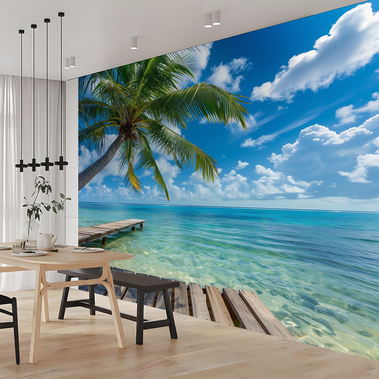 Carta da Parati Palme Di Vista Sul Mare Blu 200x140 cm Art Sfondo Murale Fotografica per Soggiorno Camera Ristorante Camera dei Bambini e Decorazione da Parete