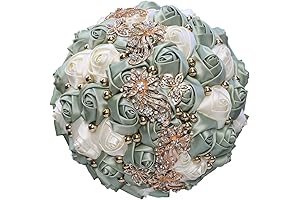 Satin Rose Brooch Bridal Bouquet with Golden Rhinestone