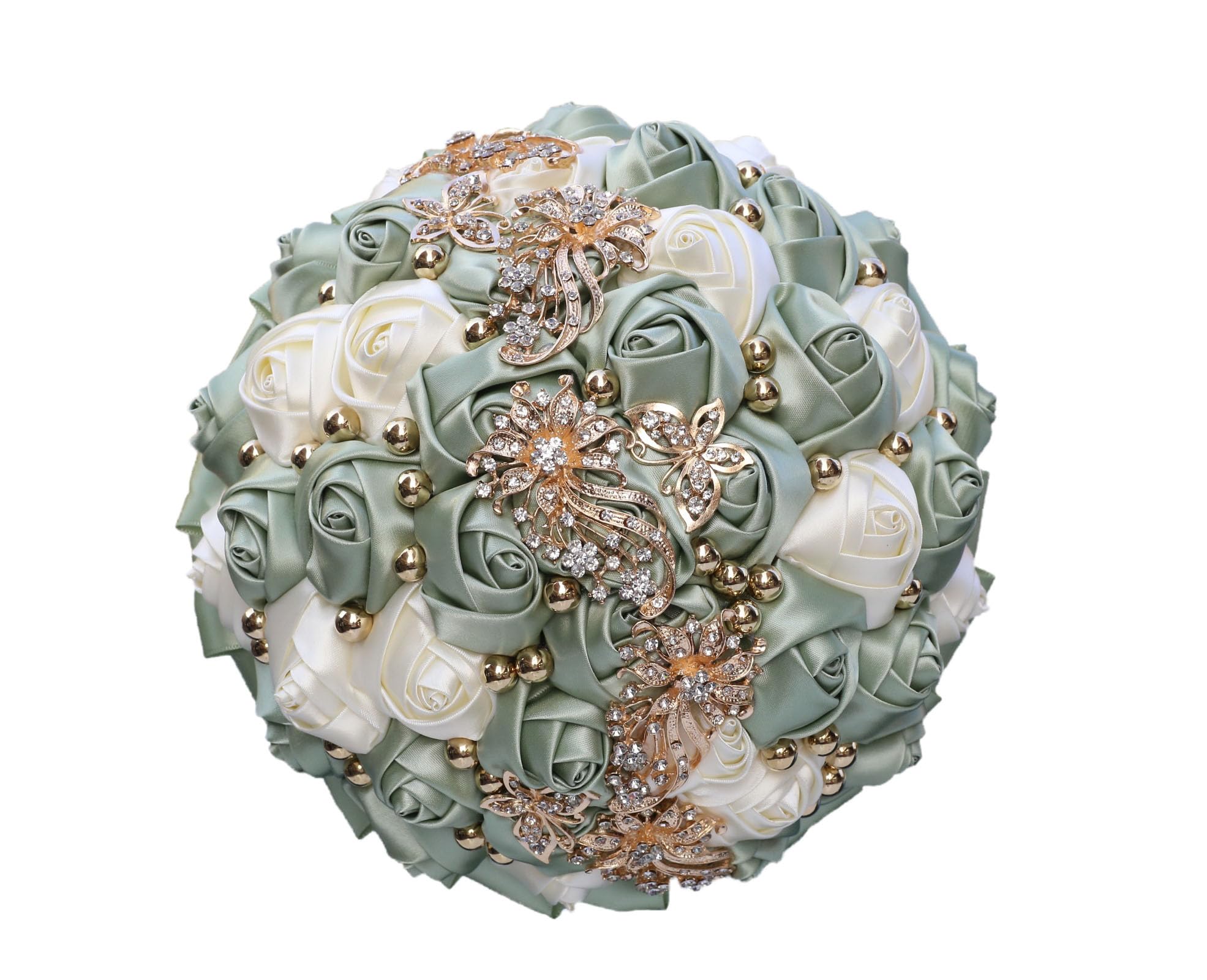 GkvszyGkvszy Handmade Wedding Bouquet with Golden Rhinestone Brooch Pearl Bridal Bouquet for Bride Bridesmaid Quinceanera Satin Rose Flower Bouquet Wedding Sage Green and Ivory 8.3in