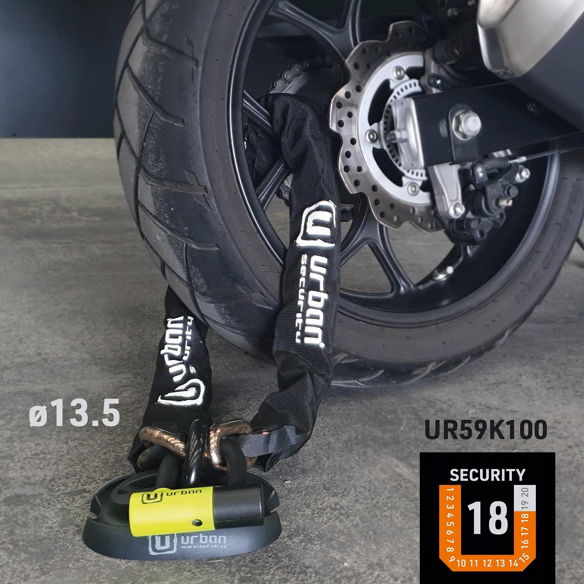 URBAN UR59K100 Antirrobo Moto Cadena Alta Seguridad de Acero Especial Endurecido de 13.5 mm y Sólido Candado Mini U 14mm, Para Motocicleta Scooter y Bicicleta eléctrica, 100 cm, Negro/Amarillo