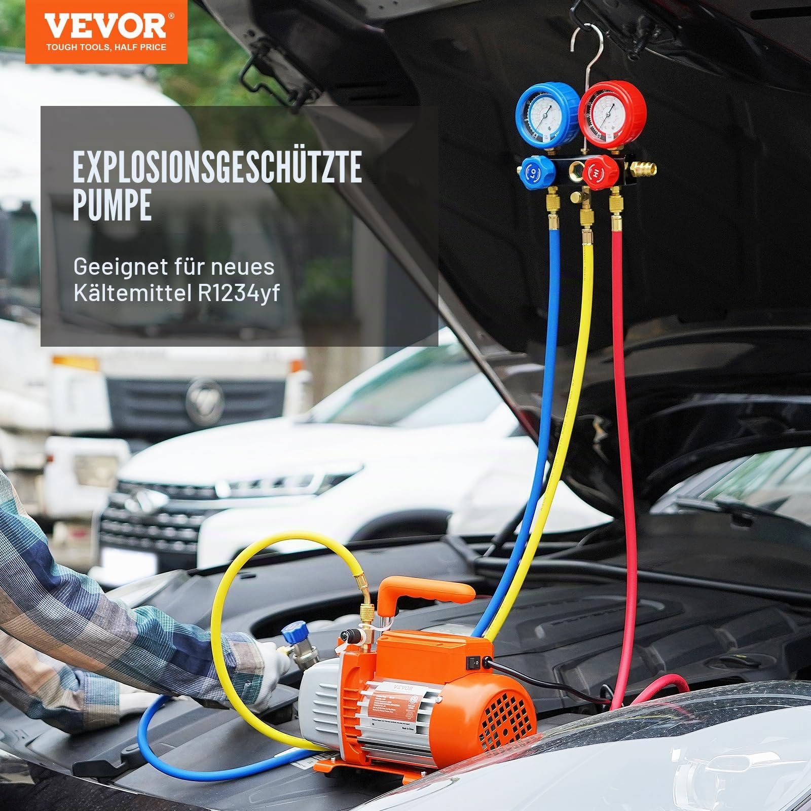 VEVOR Vakuumpumpe 100L/min Unterdruckpumpe A2L-explosionsgeschützt 150W 220V/50HZ 1440U/min 55-276bar 250ml-Ölkapazität HVAC-Vakuumgeräte Verteiler-Manometer-Set Klimaanlage Kfz-Kühlsystemen