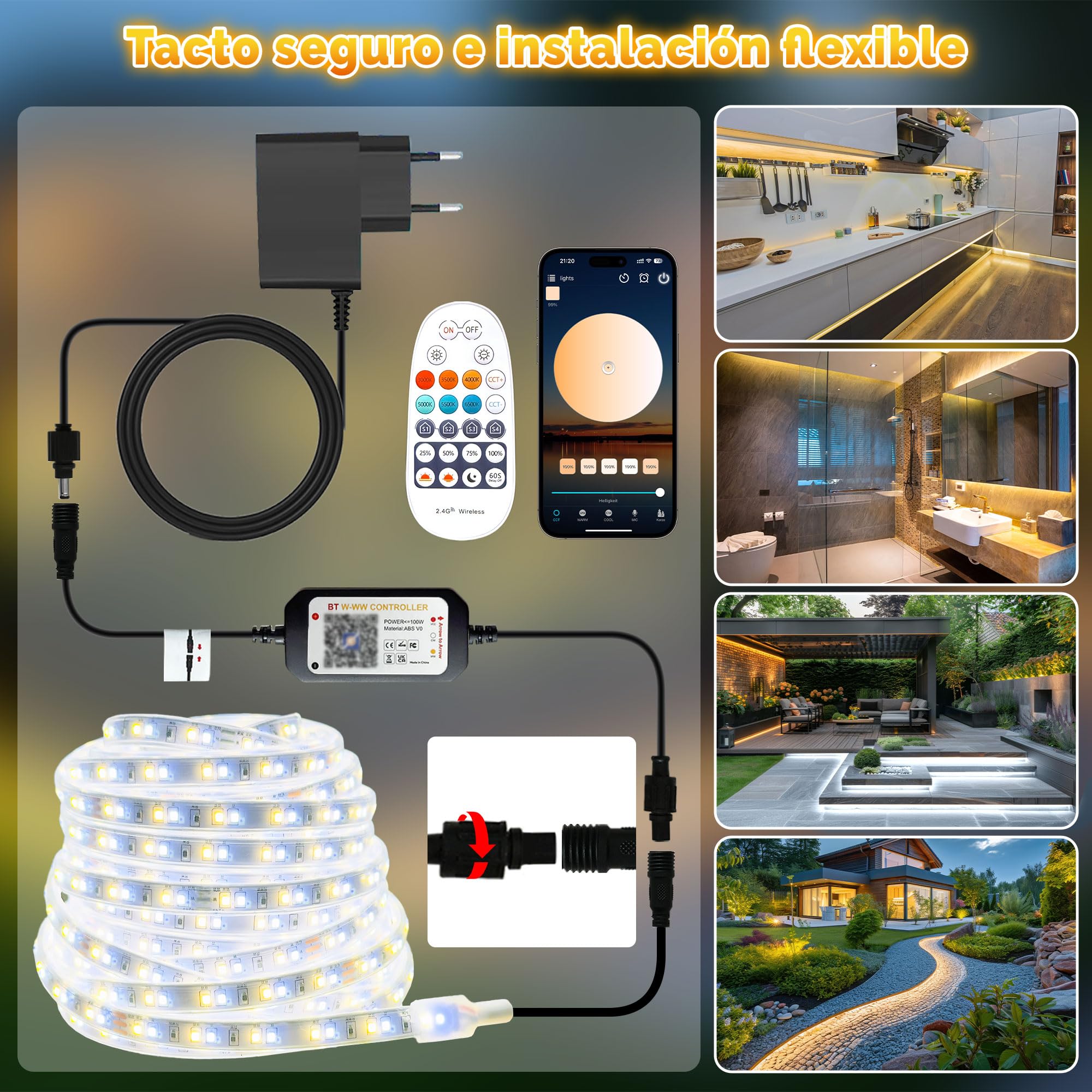 20M Tira LED Exterior Impermeable IP67, Luces Blancas Exterior 3000K-6500K, 24V Tiras de LED Adhesivas Impermeable, Fita LED con APP & Mando a Distancia para Pavillon, Pérgola, Patio