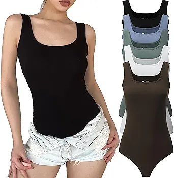 5 Pack Tank Top Bodysuit for Women Sexy Scoop Neck Sleeveless Tank Tops Bodysuits Thong Bodysuit