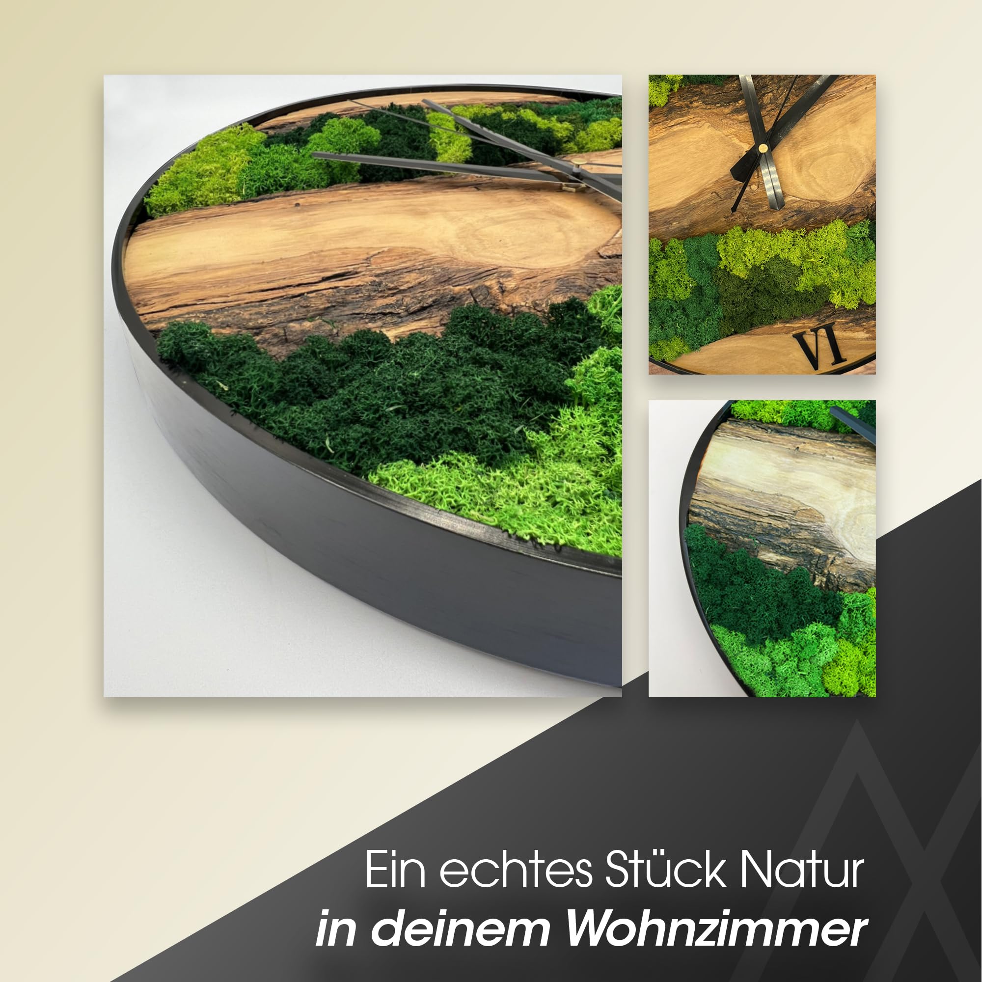 MODERNMOMENTS Wanduhr Holz 38 cm – Olivenholz Uhr ohne Ticken, Handgefertigte Massivholz Wand Uhr mit Moos, Lautlose Wohnzimmer Uhr mit schwarzem Metallrahmen