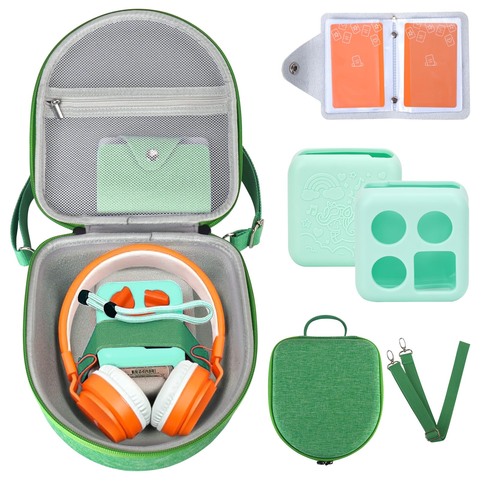 Hard Case Compatible with Yoto Mini (2024 Edition), 3-in-1 Travel Bundle: Silicone Cover + Case with Shoulder Strap (Fits Mini Player &amp; Headphones) + Up to 10 Card Holder for YOTO Cards (Green)