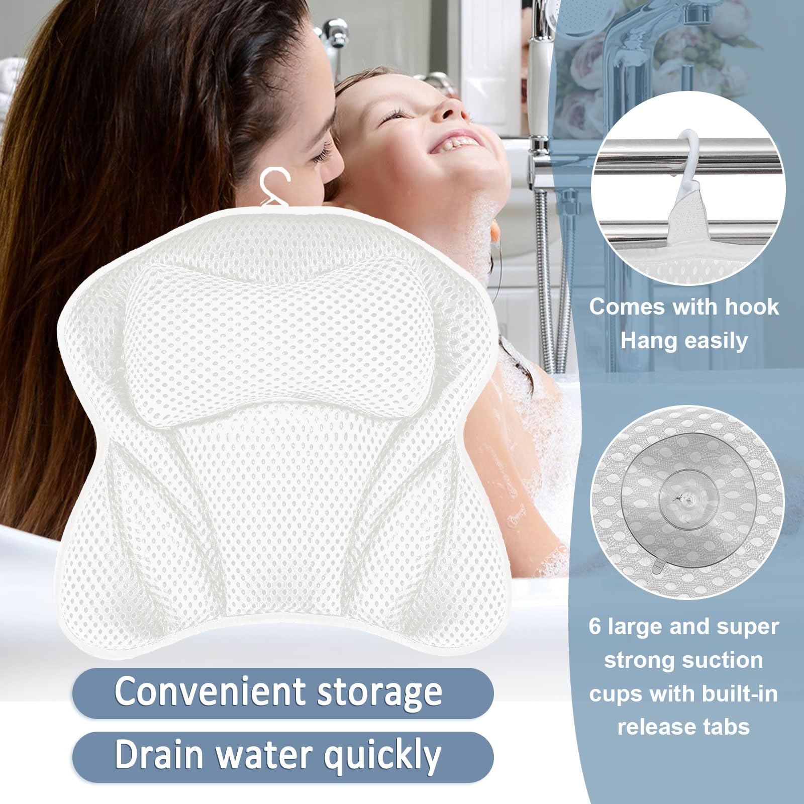 Almohada de Baño,Nuevo Malla 4D Cojín de baño,Almohada de Baño con 6 Ventosas Antideslizantes,Puede soportar la Cabeza,el Cuello,la Espalda,SPA en Casa Bañera de Hidromasaje,Lavable a Máquina