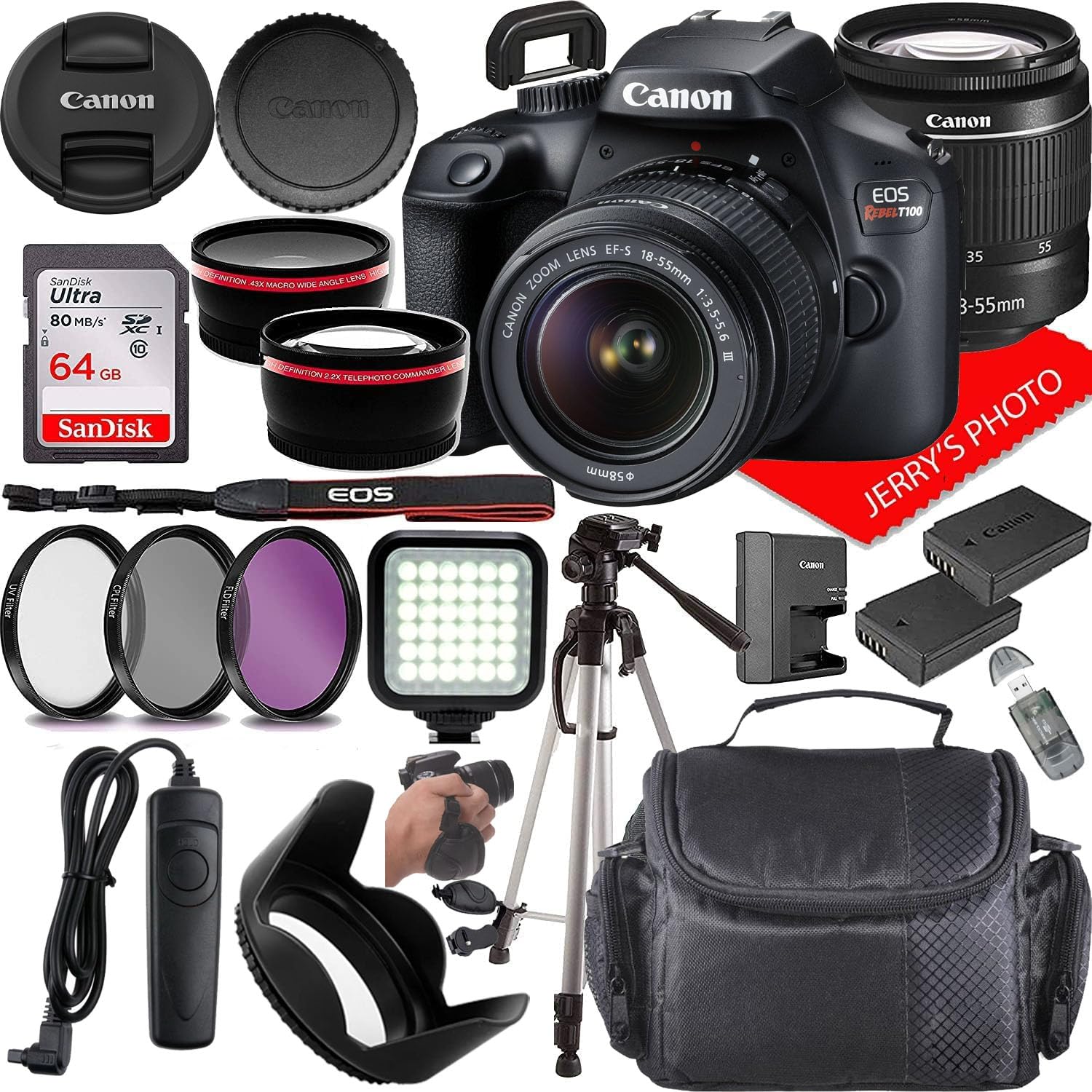 Canon EOS Rebel T100 DSLR Camera w/Canon EF-S 18-55mm F/3.5-5.6 DC III Zoom Lens + Extra Battery + Case + 64GB Memory (20pc Bundle) (Renewed)