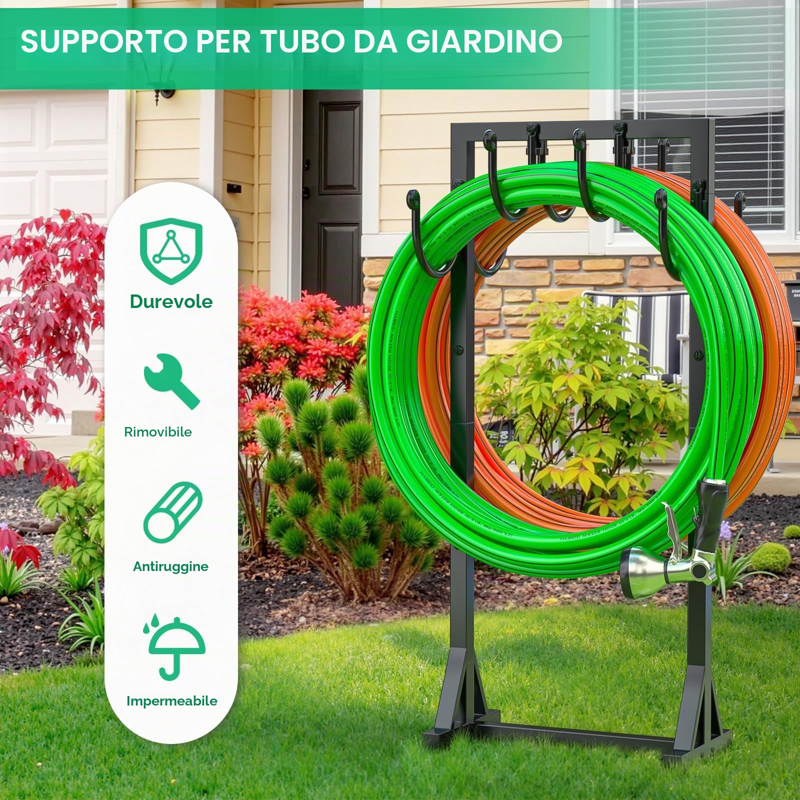 Bomclap Supporto per tubo da giardino, 116 cm, supporto per tubo a doppia faccia, autoportante per giardino, supporto per tubo dell'acqua in metallo rimovibile con ganci, heavy duty, supporto stabile
