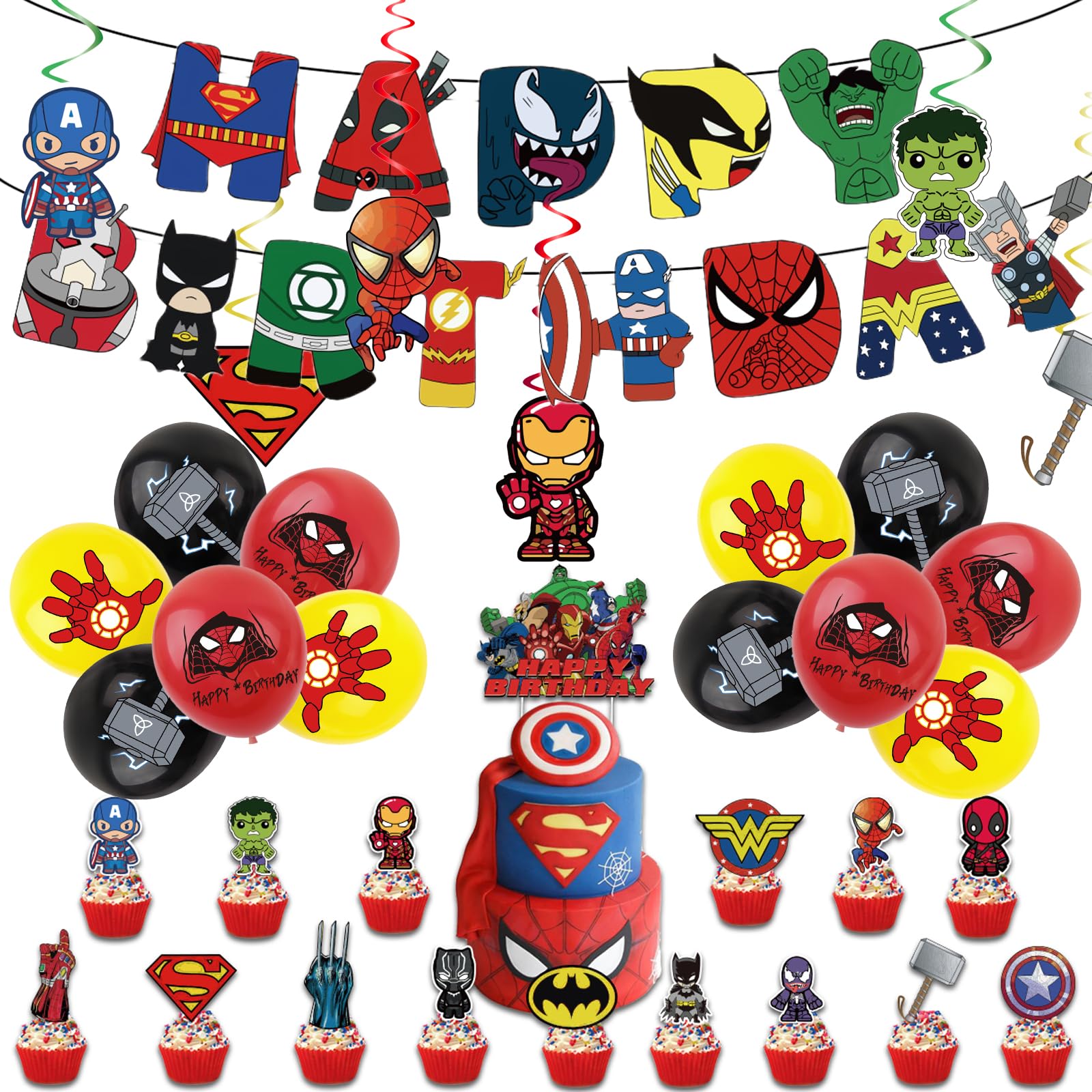 44Pcs Aven gers Supe rhero Birthday Party Decorations for Boy,Iron Man Hulk Spider Banner Sup rhero Balloons Cake Toppers Hanging Spiral for Kids Boys Supe rhero Aven gers Theme Party Supplies