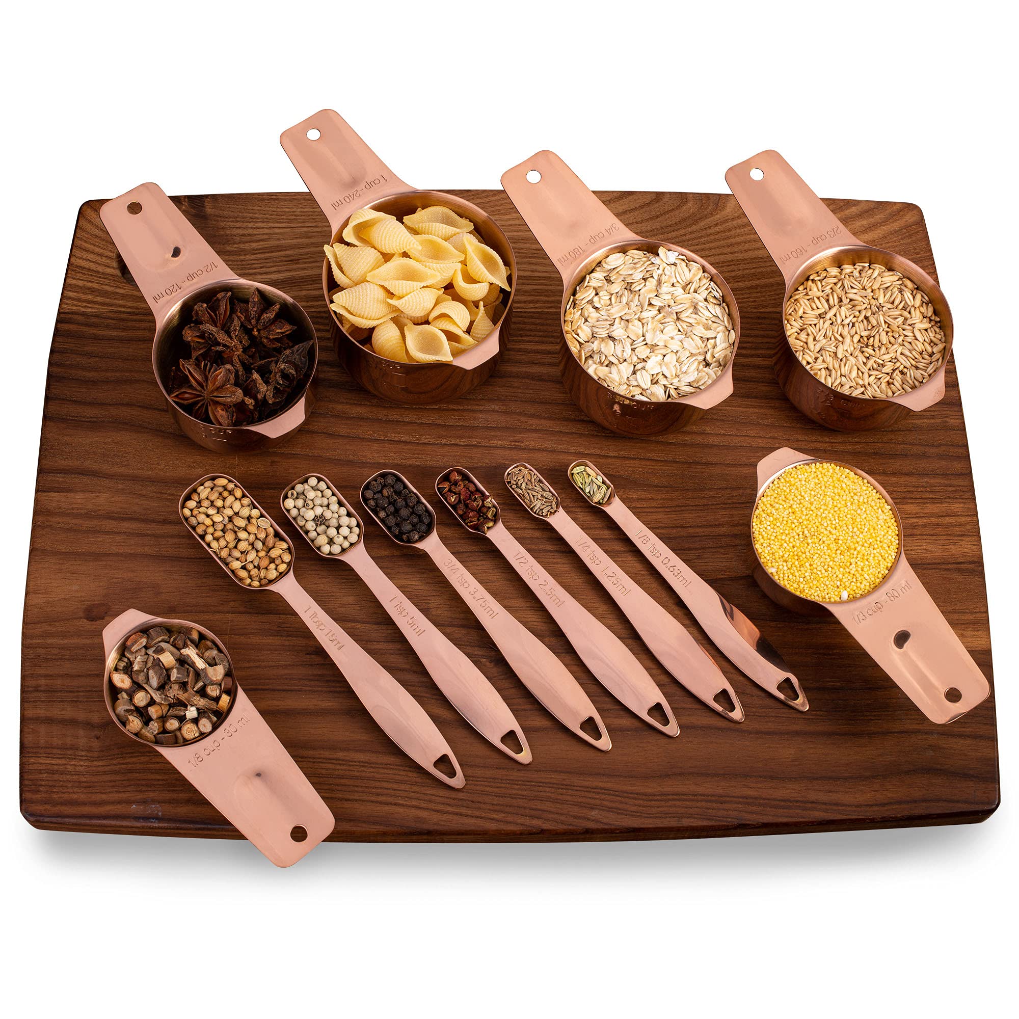 Lot de 13 tasses et cuillères à mesurer en acier inoxydable 18/8 avec poignée ergonomique robuste avec anneau de connexion Or rose