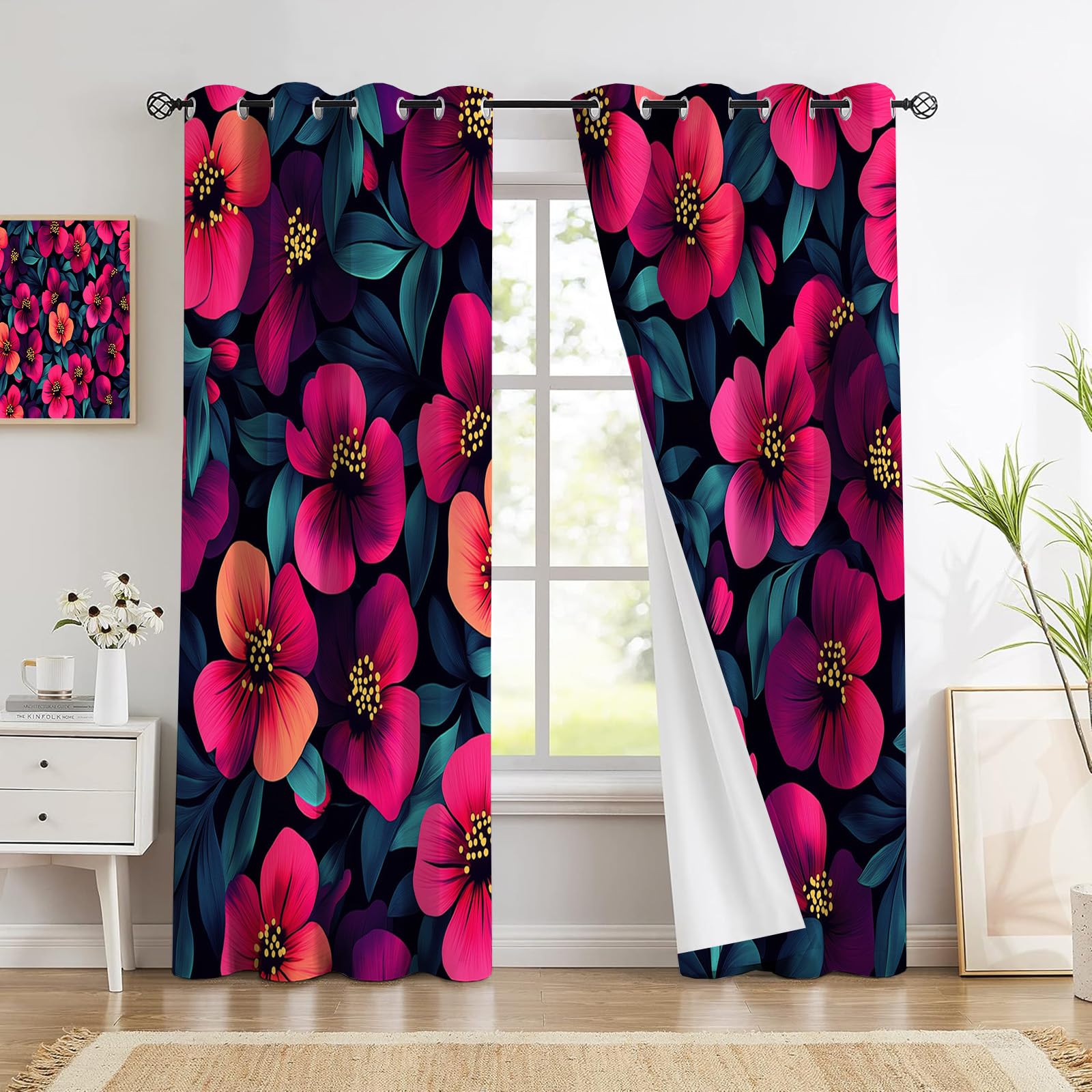 Rideaux fleurs rouges 140x160 cm occultants et thermiques pour la cuisine