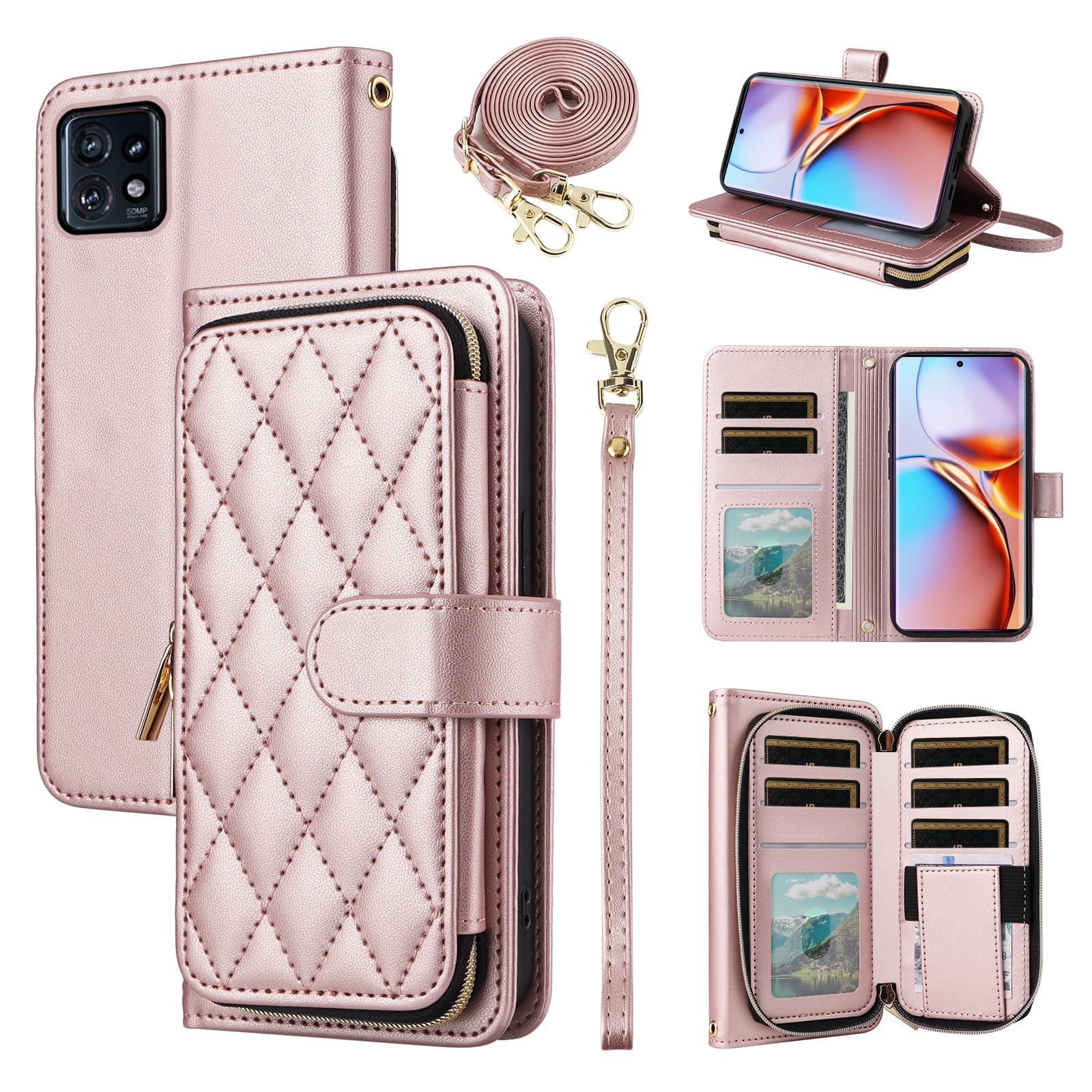 Furiet Argyle Wallet Case for Motorola Edge+ Plus 2023/Edge 40 Pro 5G/Moto X40 with Wrist Strap Shoulder Strap, 9+ Card Slots Zipper Purse, Luxury PU