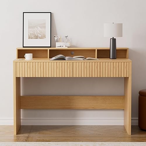 Escritorio ejecutivo de 47 pulgadas con cajón estriado, moderno escritorio de oficina en casa con soporte largo para monitor y 2 cajones, escritorio