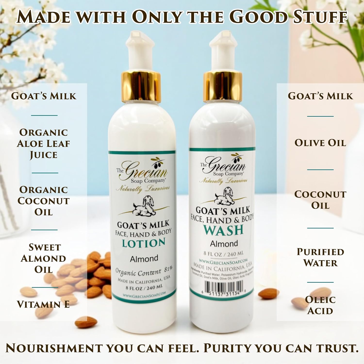The Grecian Soap Company Goat Milk Lotion & Body Wash Set – Almond Scent, 8oz Each – Body Lotion & Face Wash, Moisturizing Skin Care Set for All Skin Types, Hydrating Skincare