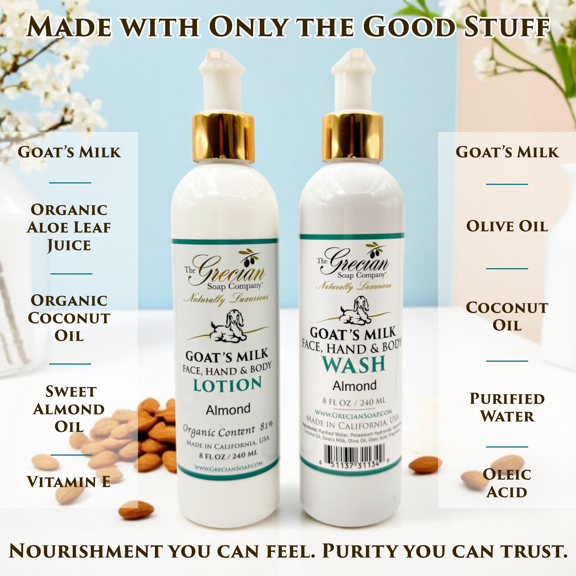 The Grecian Soap Company Goat Milk Lotion & Body Wash Set – Almond Scent, 8oz Each – Body Lotion & Face Wash, Moisturizing Skin Care Set for All Skin Types, Hydrating Skincare