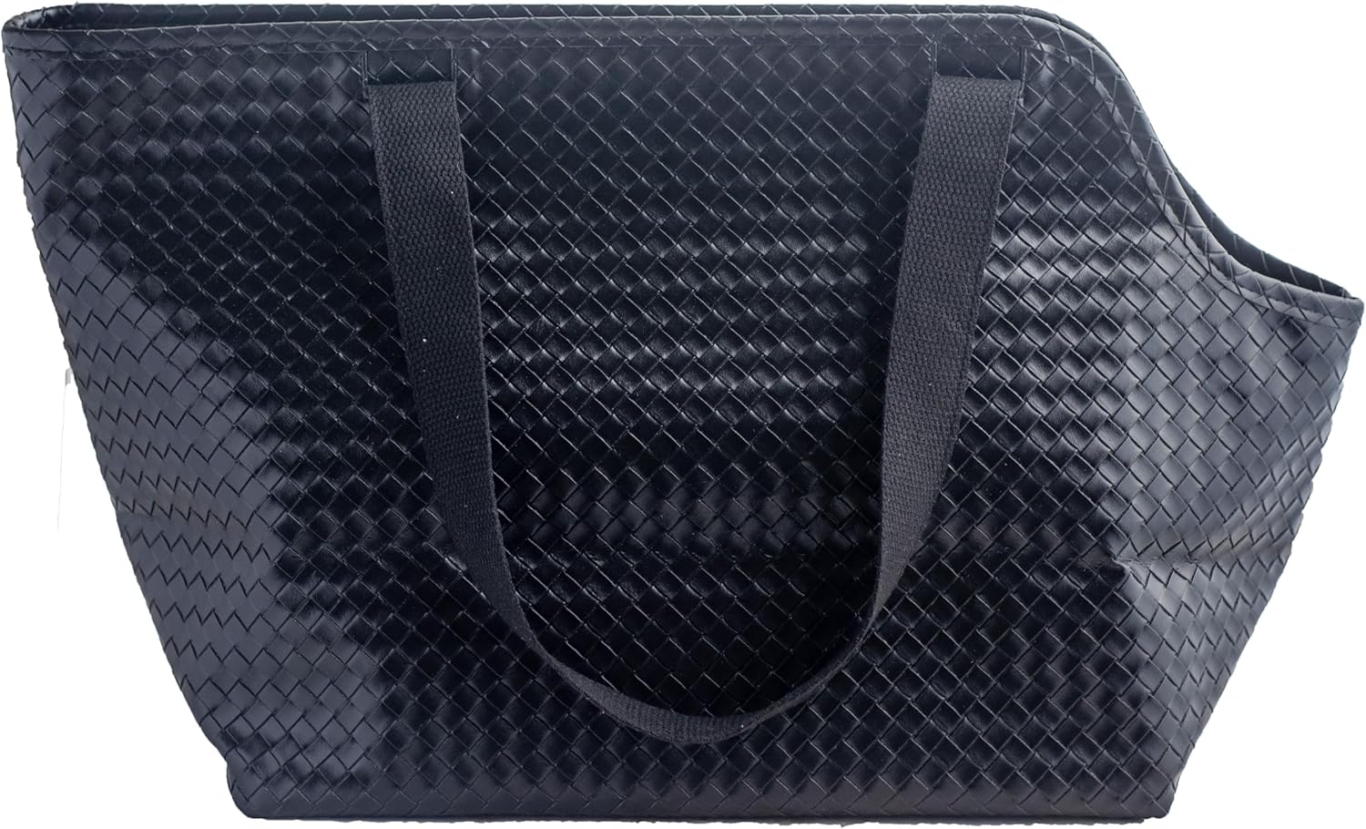 Luxury Woven Dog Purse Carrier - Cozy Faux Leather, Secure Harness Clip, Black Tote Bag for Small Dogs and Puppies