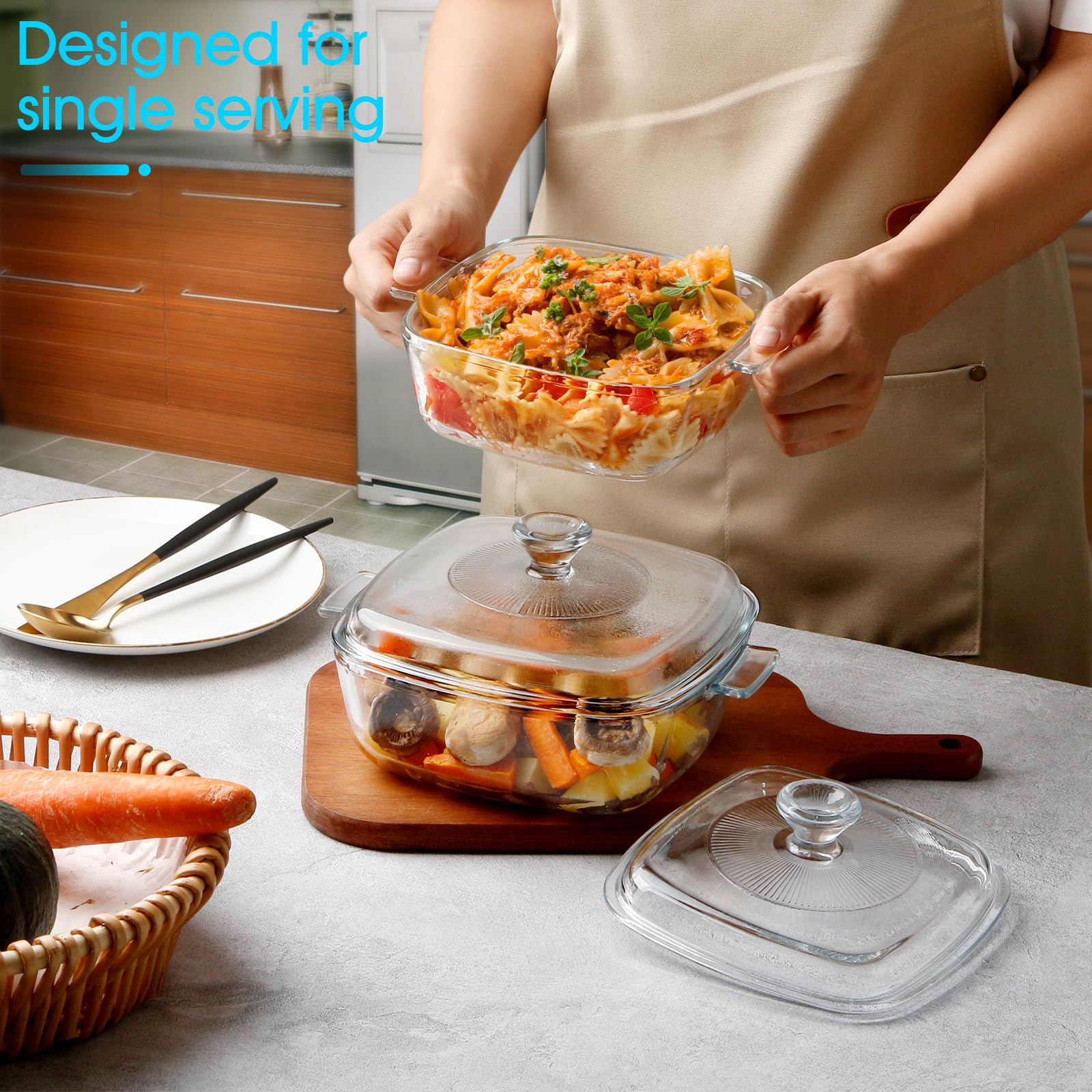 NUTRIUPS Quadratisches Glas-Kasserollen-Set mit Deckel, 2 Stück, 0,8 l + 1,2 l | Ofenfest, mikrowellengeeignet, perfekt für die Zubereitung von Mahlzeiten, Backen und Servieren