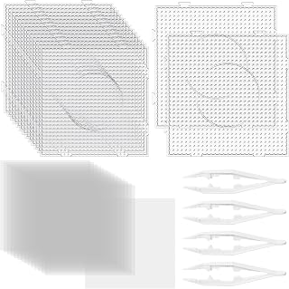 WinnerWhy 34 Pcs 5 mm Fuse Bead Pegboards Set 15 Plastic Bead Boards 15 Ironing Paper 4 Tweezers Large Clear Iron Pegboards Beading Supplies for DIY Projects Craft