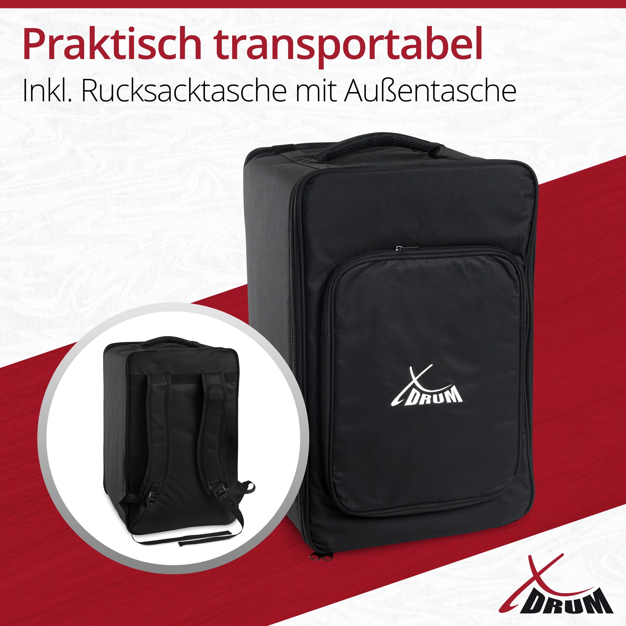 XDrum Cajon Peruana Koa (3 mm Schlagplatte, 9 mm Birkenkorpus, 48 cm hoch, inkl. Rucksack-Tasche)