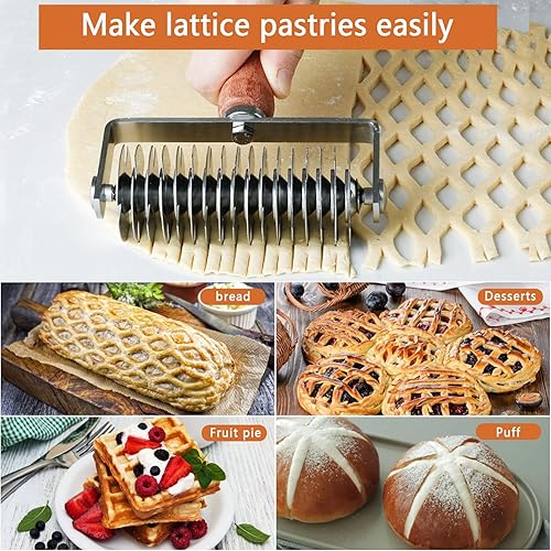 Miniatura 6 de Soporte de rodillos de acero inoxidable para masa de celosía, pastel de galletas, pizza, pan, corteza de pastelería, mango de madera, cortador de