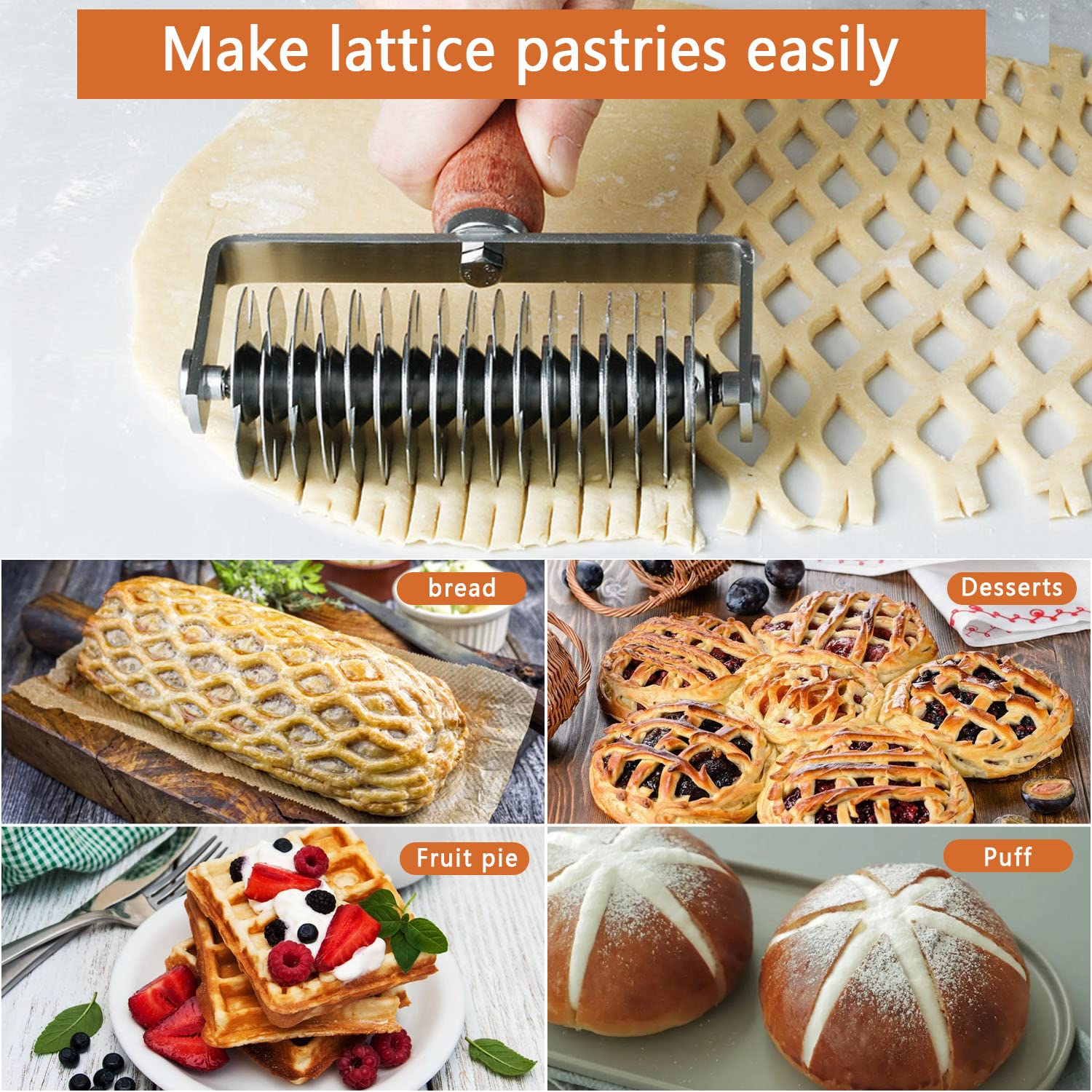 Taglierina Per Pasta A Rullo In Acciaio Inox Con Manico In Legno – Per Torte, Pane, Pizza, Pasticceria – Crea Griglie Decorative - 4