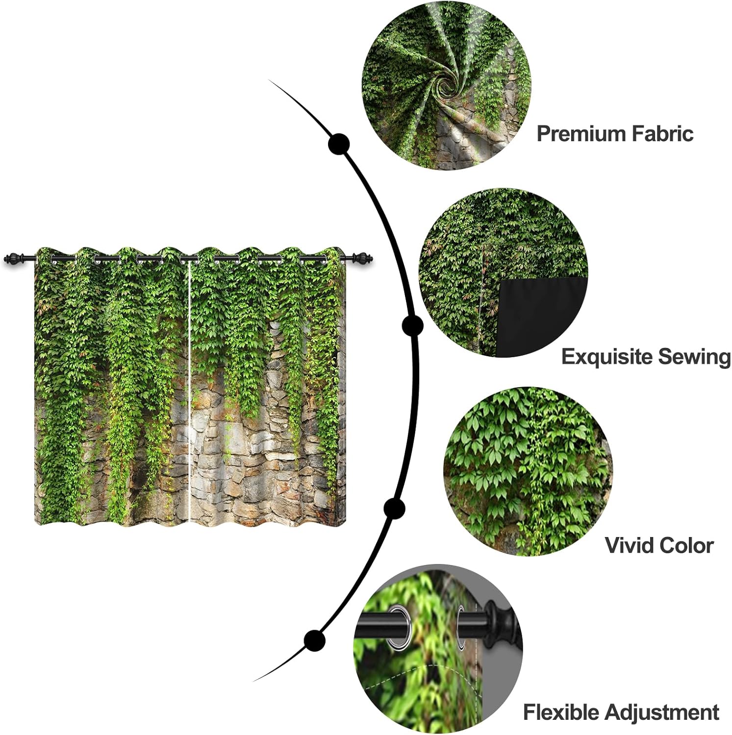 Green Ivy Leaf Blackout Curtains Leaves Plants Rustic Stone Wall Spring Scenery Curtain for Living Room Bedroom Home Decoration Window Drapes Fabric Set of 2 Panels, 52x63 Inch