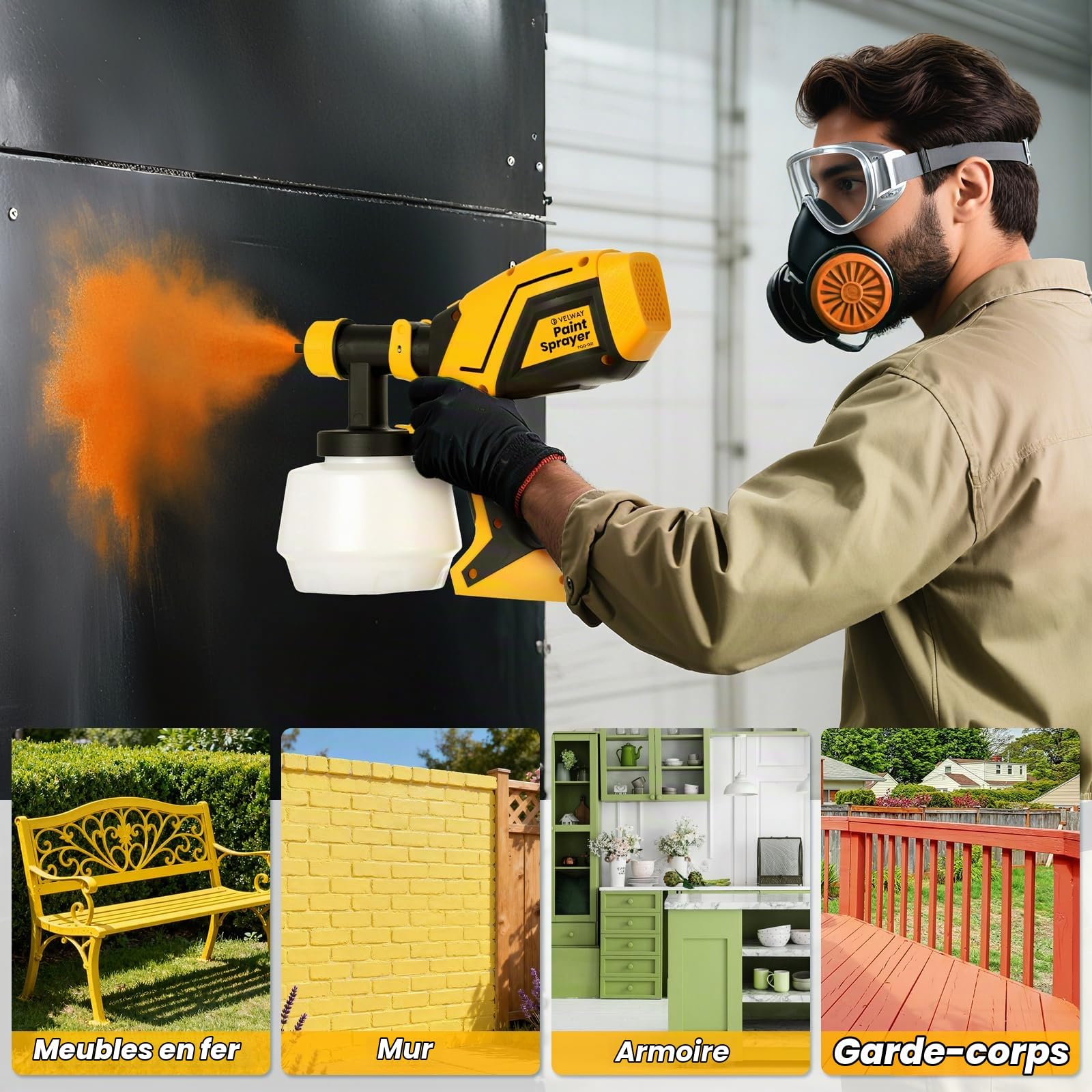 Velway Pistolet à Peinture, 600W HVLP Pistolet Peinture Électrique avec réservoir 1200 ML, 5 Buses & 3 Motifs, Facile à Utiliser pour Meubles, Clôtures, Murs, Armoires, Plafonds, Abri de Jardin