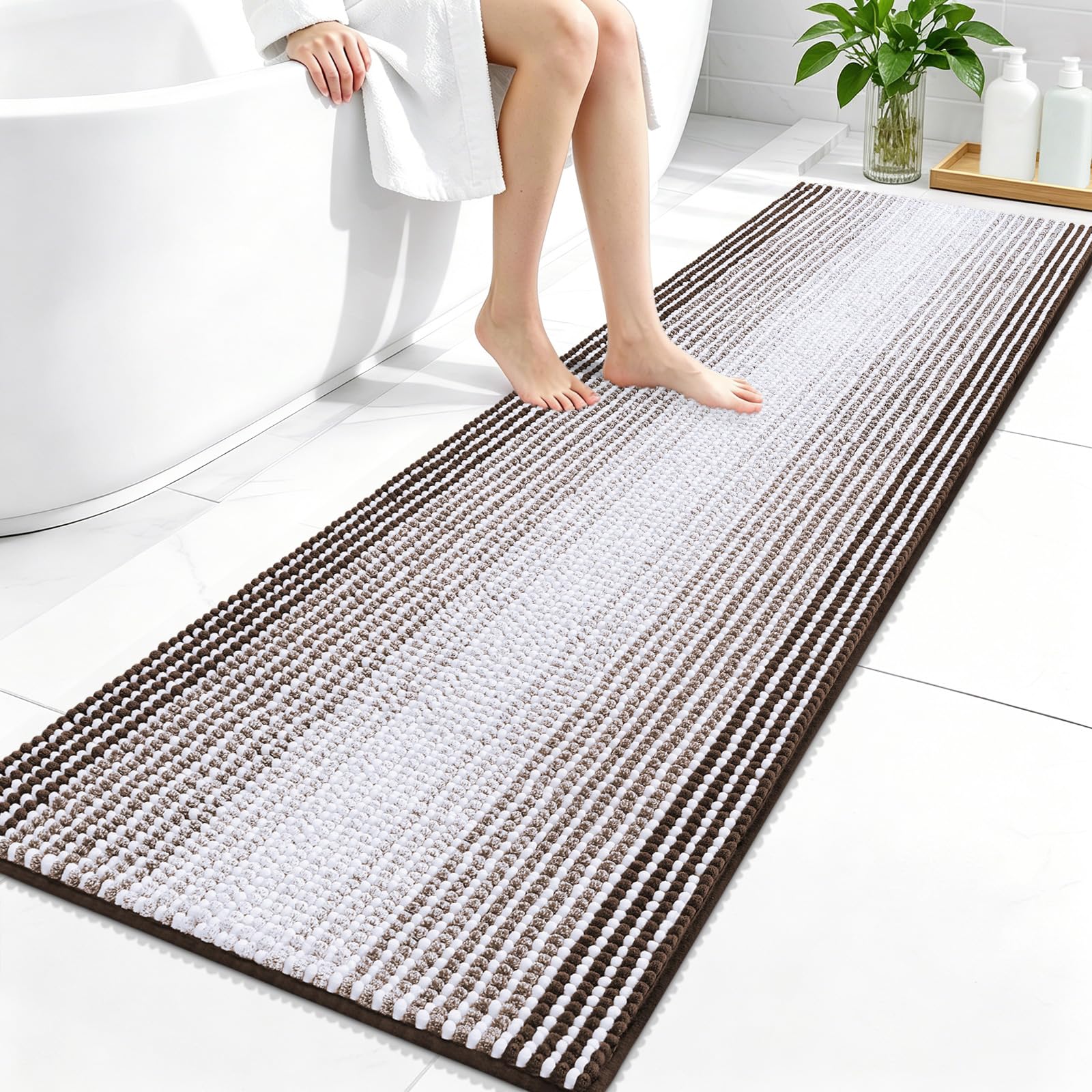 OLANLY Bathroom Runner Rugs 59x20, Soft Chenille Striped Bath Rugs, Brown