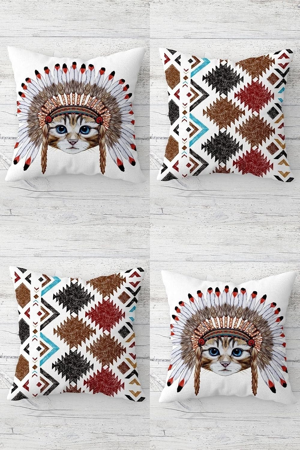 Pelangi Kızıderili Kedi ve Etnik Desenli Gizli Fermuarlı Kırlent Kılıfı Koltuk Yastık Kılıfı Takım(4ADET), Kiremit-Mavi 45 x 45