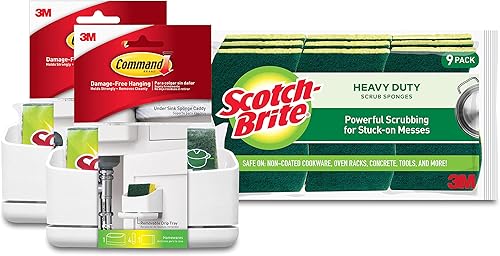 Scotch-Brite - Esponjas de limpieza resistentes (paquete de 9) + organizador de esponjas Command para debajo del fregadero, 2 cajas con 8 tiras