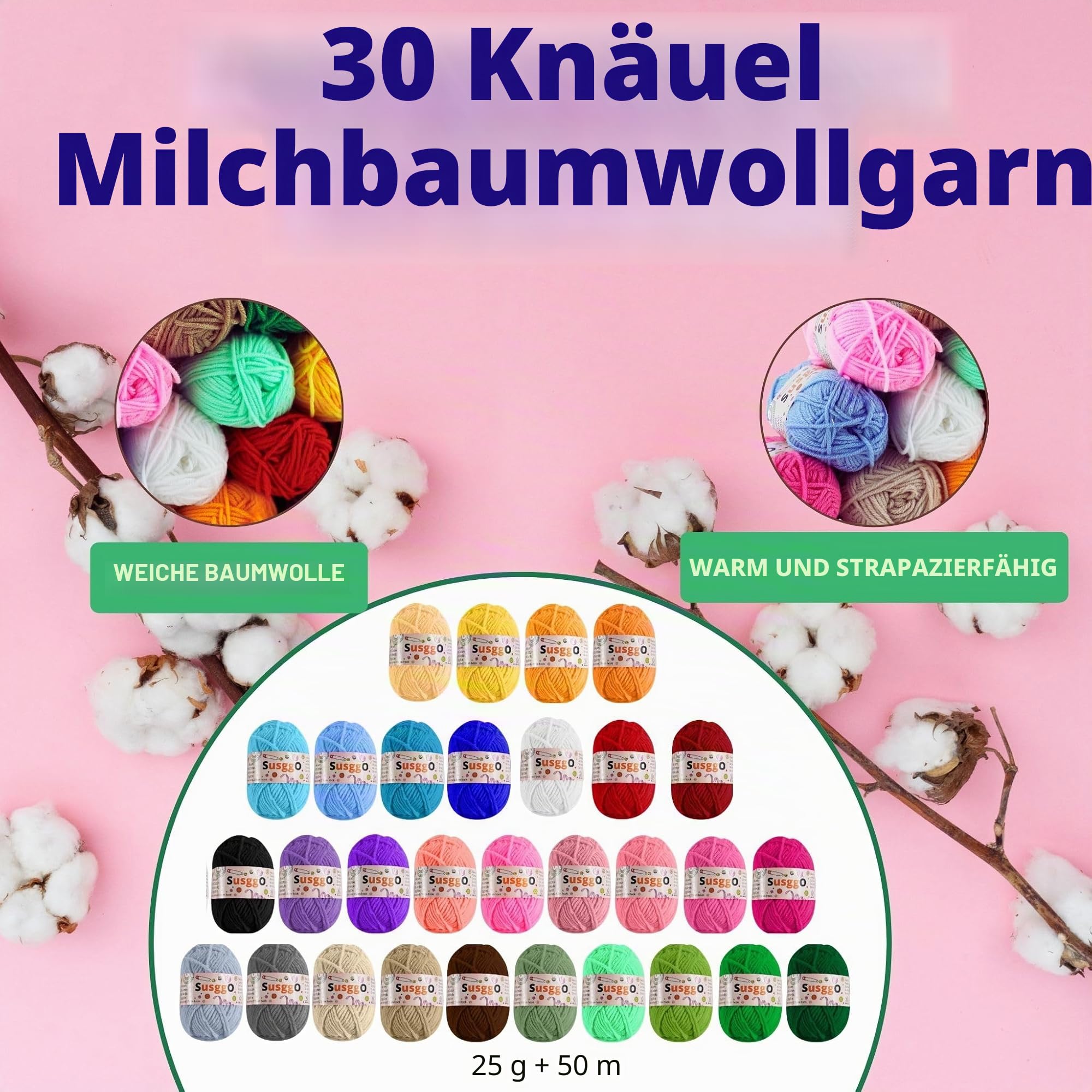 SusggO 104-teiliges Komplettset für Anfänger zum Häkeln Amigurumi-Häkelset – 30 Knäuel Milchbaumwolle Zubehör Häkelnadeln Handbuch Video und Tasche – Komplettset zum Häkeln – DIY-Häkel-Set