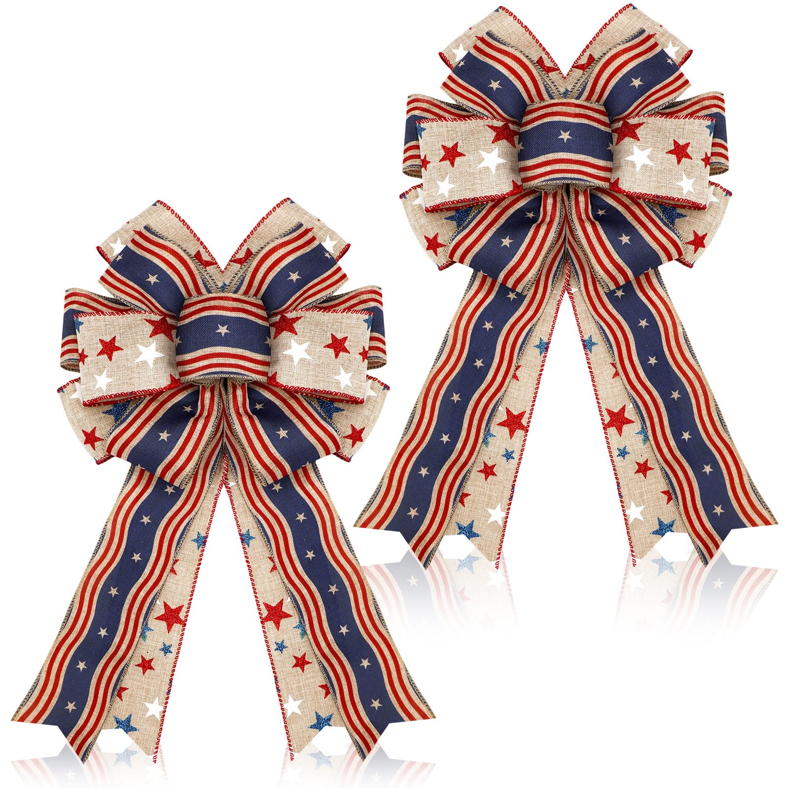 Photo 1 of Moucuny 2 Pcs Memorial Day Bows 4th of July Patriotic Burlap Bow Red White Blue Stars Tree Topper American Flag Wreath for Indoor Outdoor 250th Anniversary Independence Party Decoration(Rustic)