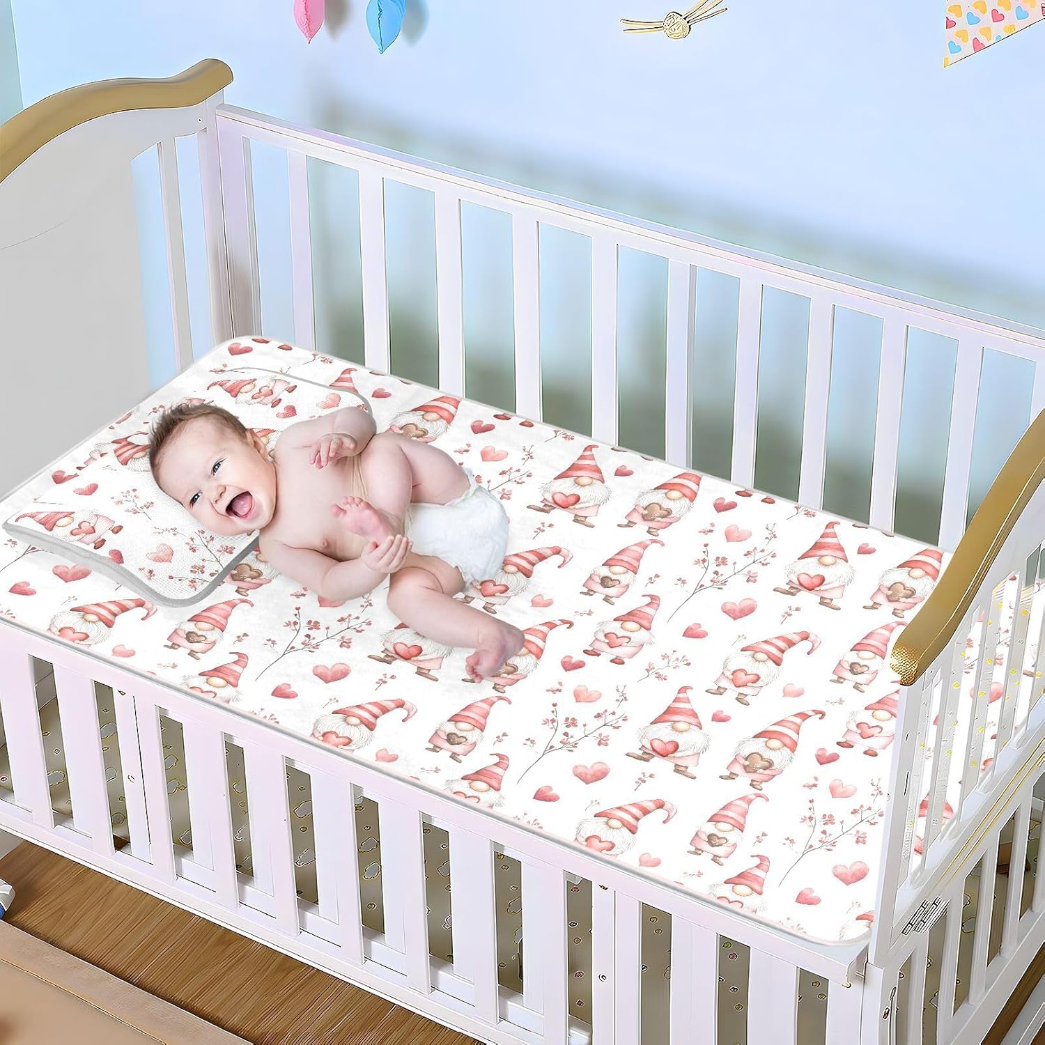 Cute Valentine Gnomes Hearts Cooling Baby Mattress pad Waterproof 28" x 52" Washable Mattress Pads for Baby&Toddler