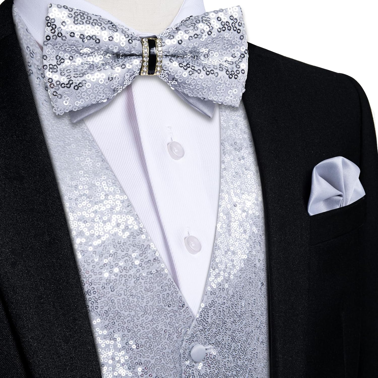 DiBanGu Mens Sequins Vest and Tie Set Solid V-Neck Shiny Dress Waistcoat Bowtie with pocket square for Prom Party Tuxedo - Image 3