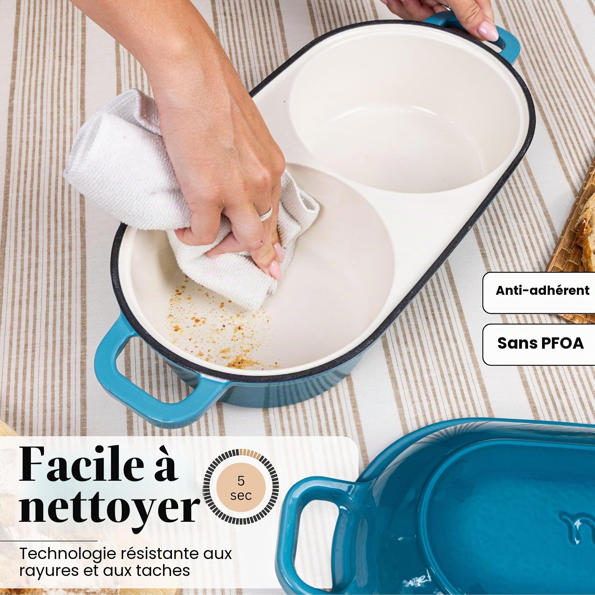 Faitout pour la cuisson du pain au levain – Pot à pain en fonte émaillée – 260 °C – Passe au four – Double espace rond pour pain, 16,5 cm de diamètre, bleu clair Nuovva