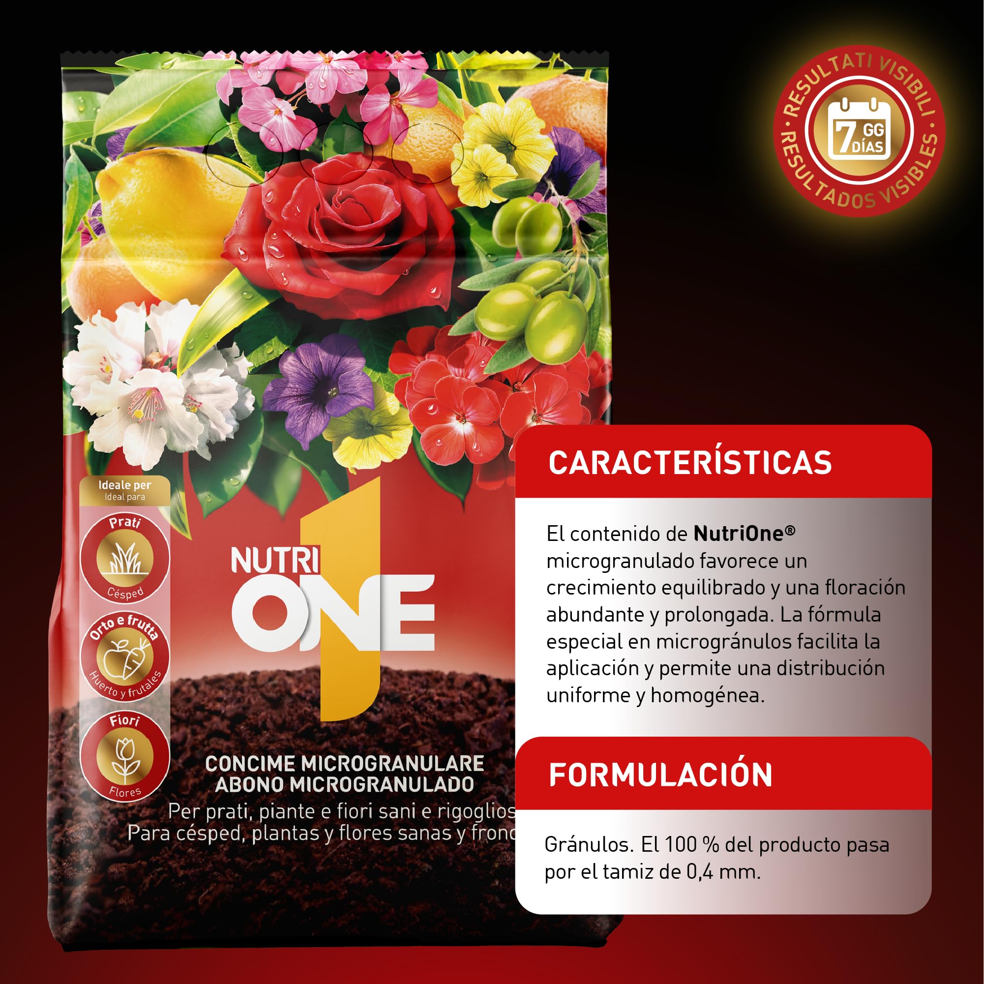 nutriONE Abono granulado para todo tipo de Plantas y Flores. Fertilizante Concentrado microgranulado Premium. Ingredientes naturales y resultados visibles en 7 días.
