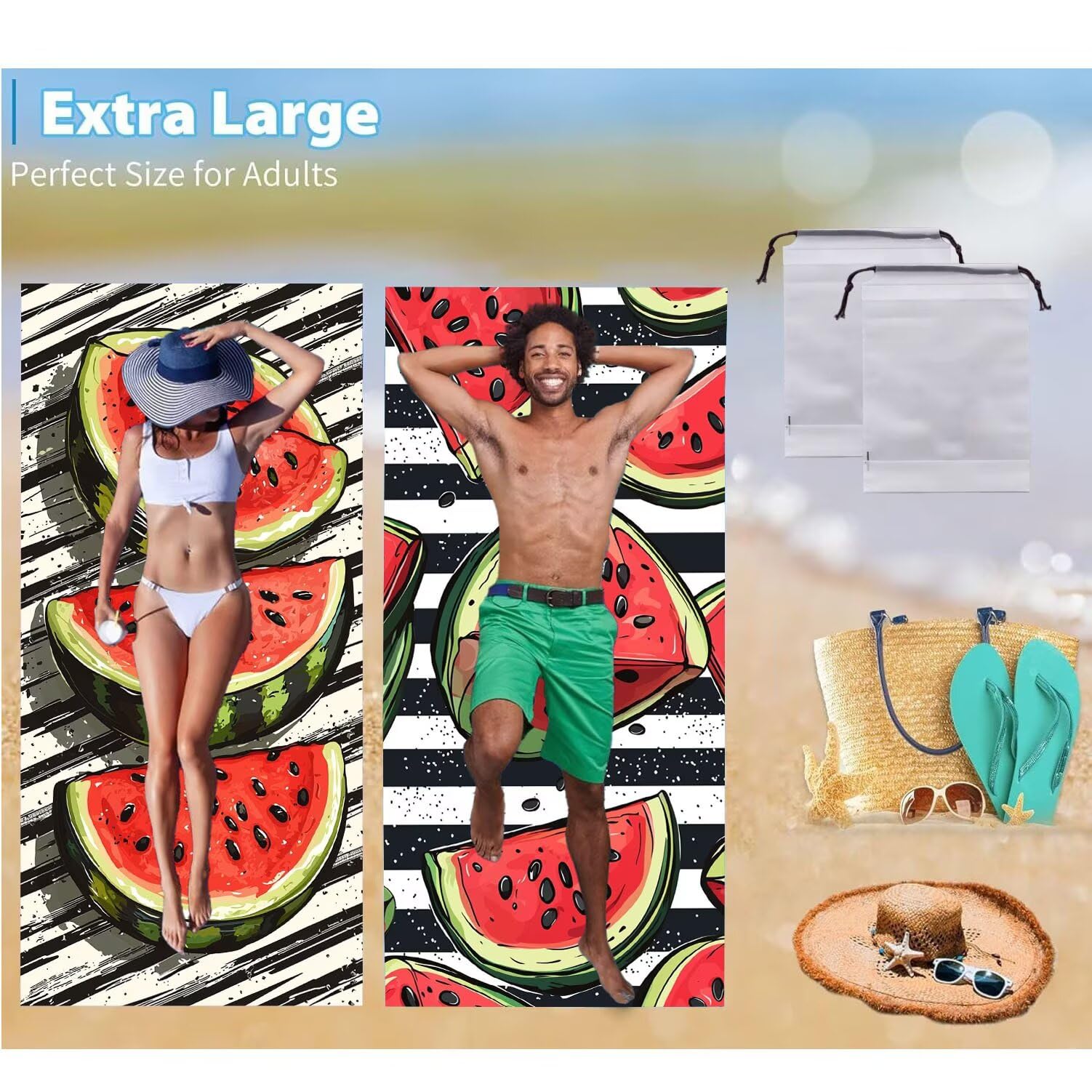 Toalla Playa 90 x 180 cm, Juego de 2 Toallas Microfibra Grande de Secado Rápido, Absorbente, Compacto, Toalla de BañO Sin Arena Verano Manta de Playa Mujer para Baño Regalo (Frutas sandía) H-910