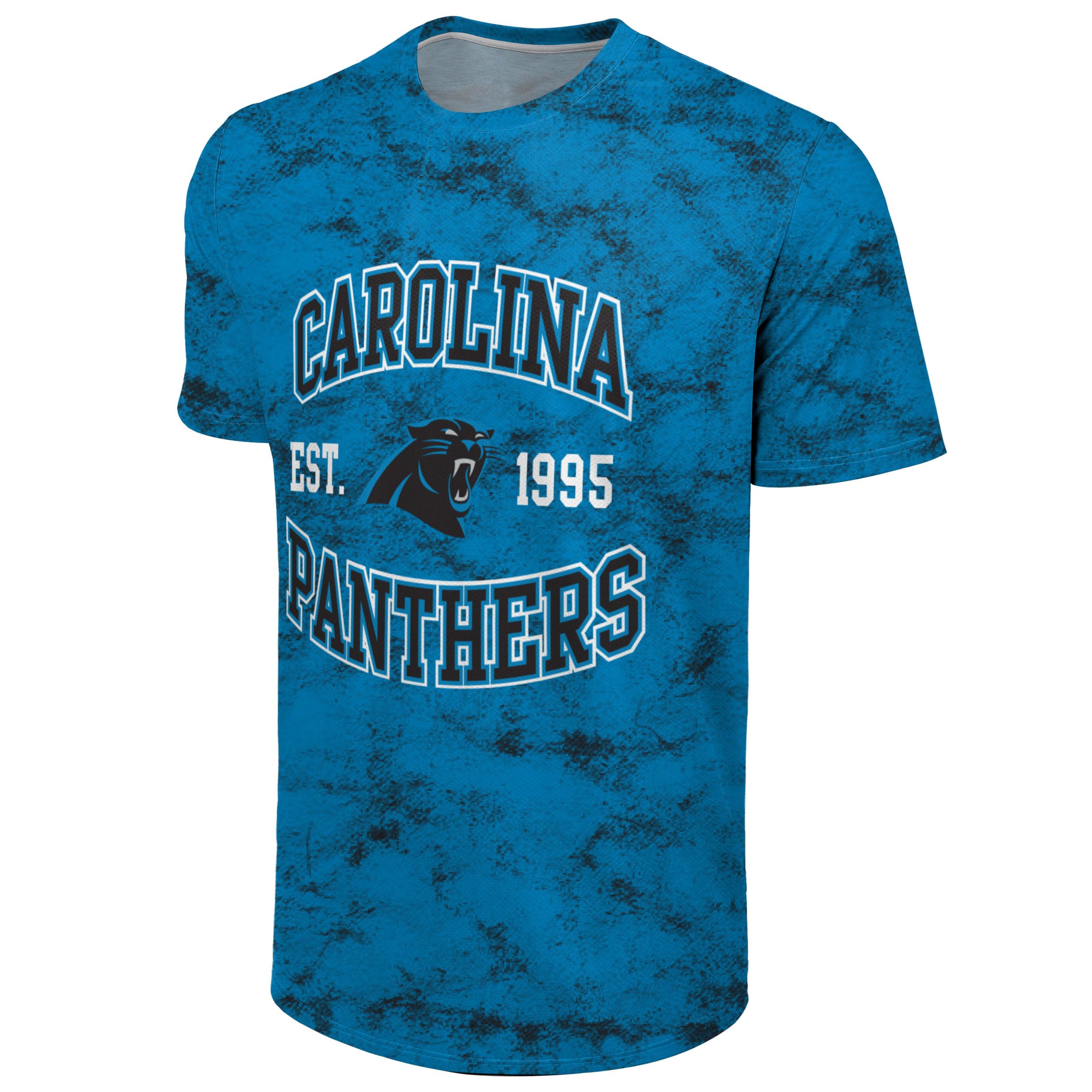 FOCO NFL Men's Officially Licensed Established Wordmark Camo Performance Throwback Team Color Crewneck T-Shirt, Carolina Panthers - Blue, S