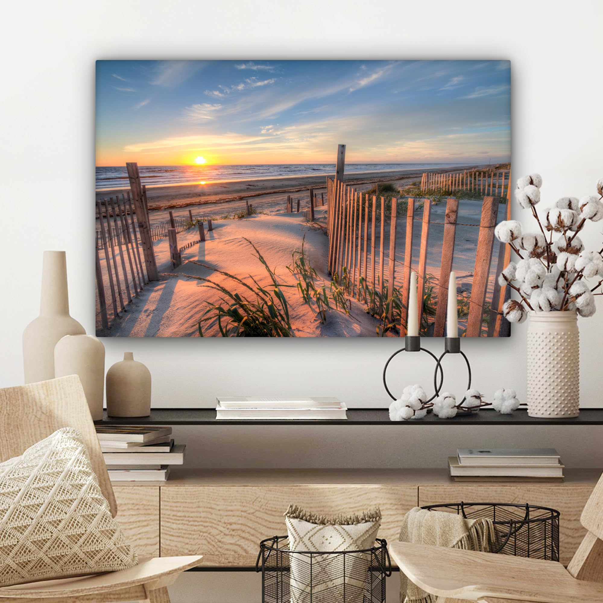 MuchoWow© Impression sur Toile Decoration Murale Peinture 90x60 cm Tableaux Decoratifs Muraux Déco Chambre Tableau Salon Dune - Coucher de soleil - Plage - Plantes - Mer