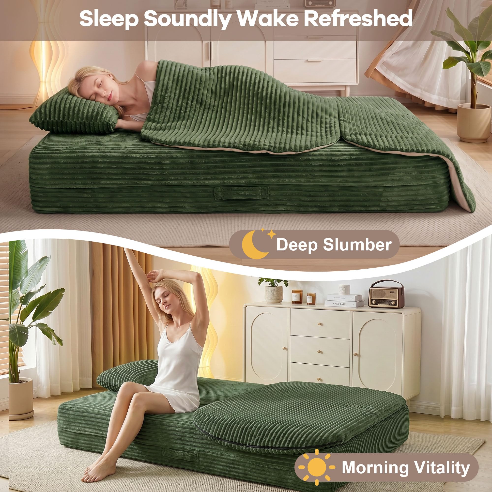 75'' Folding Sleeper Sofa Bed, Memory Foam Boneless Couch | Full Size Guest Bed Mattress, Modern 2-in-1 Floor Deep Seat Sleeper Sofa with 4 Pillows and Blanket | Corduroy Green