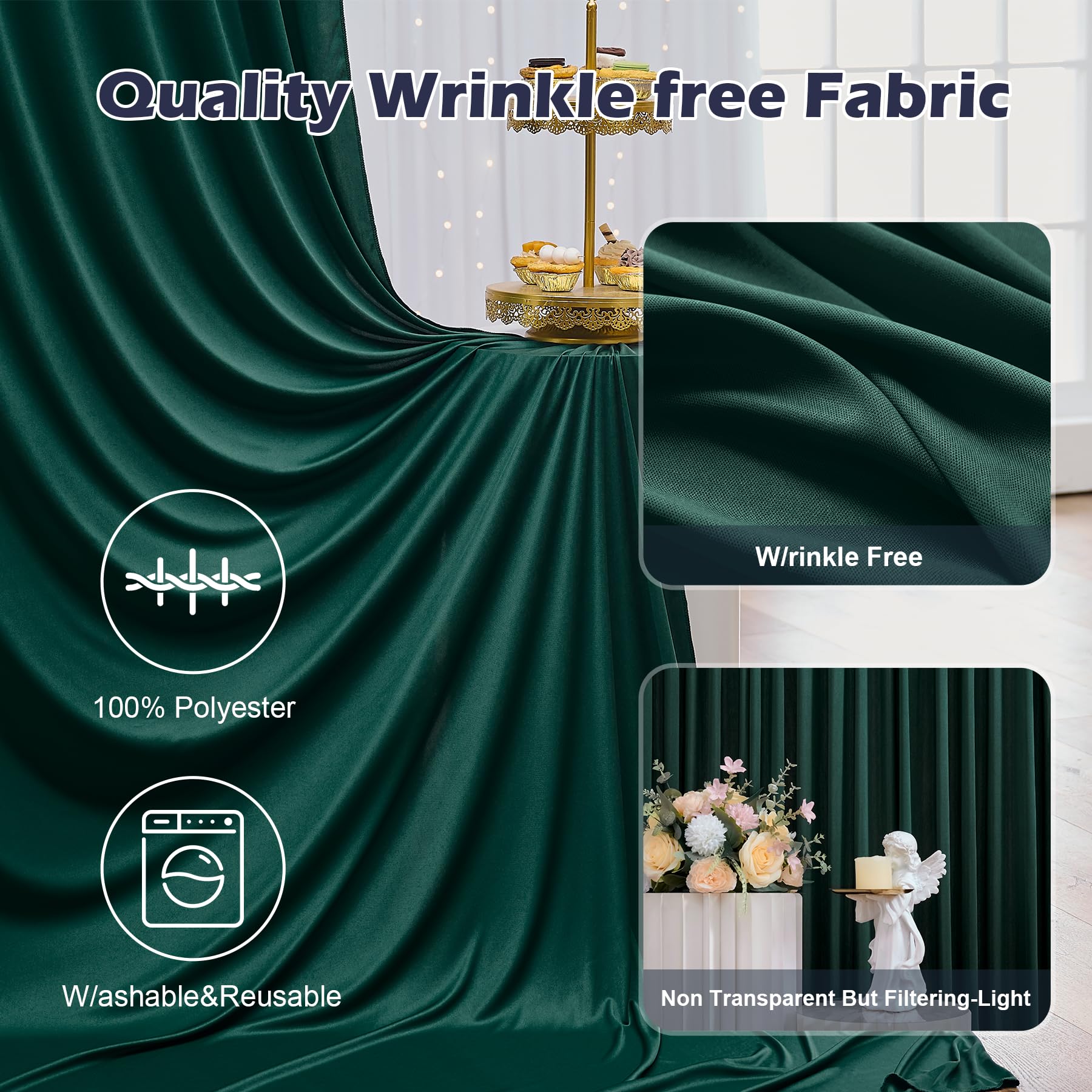Nssonben Rideau de toile fond infroissable pour les fêtes - 6 panneaux de 1,5 x 2,4 m en polyester soyeux pour arrière-plan photo : anniversaires, remises de diplômes, séances photo - 9,1 x 2,4 m