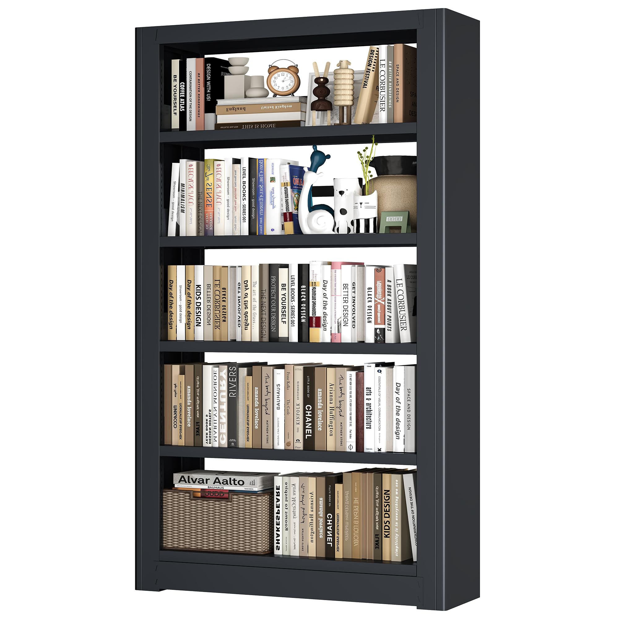 LyAosdFu Large Metal Bookcase, 69” Modular Bookshelf with Storage, 5 Tier Bookcase with Adjustable Shelves, Extra Tall Book Shelves, Modern Book Case