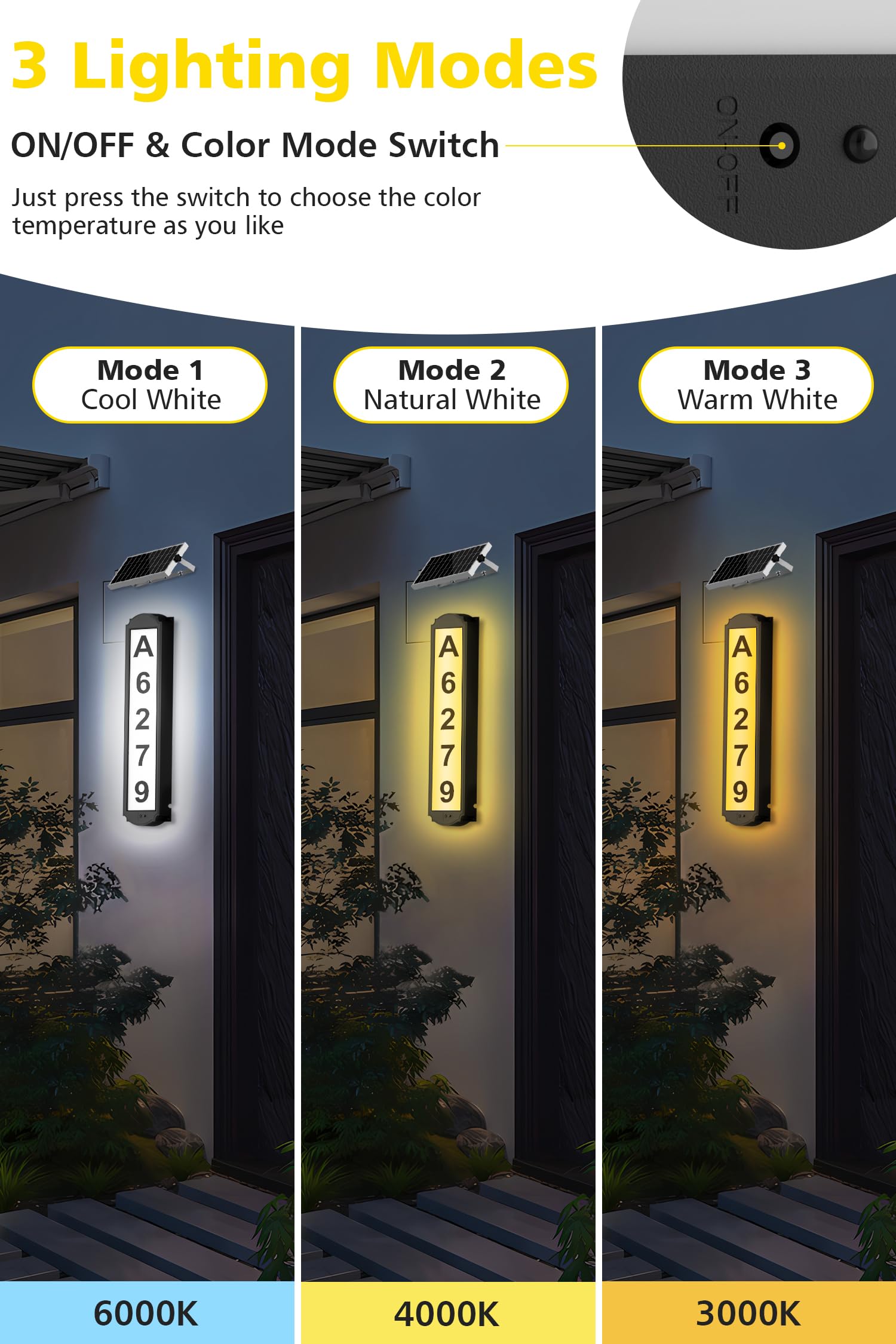 T-SUN Segnaletica solare per cortile, numeri civici a LED per esterni, impermeabile IP65, targa per casa con 3 luci – Indicatori di indirizzi illuminati per vialetto, casa e strada