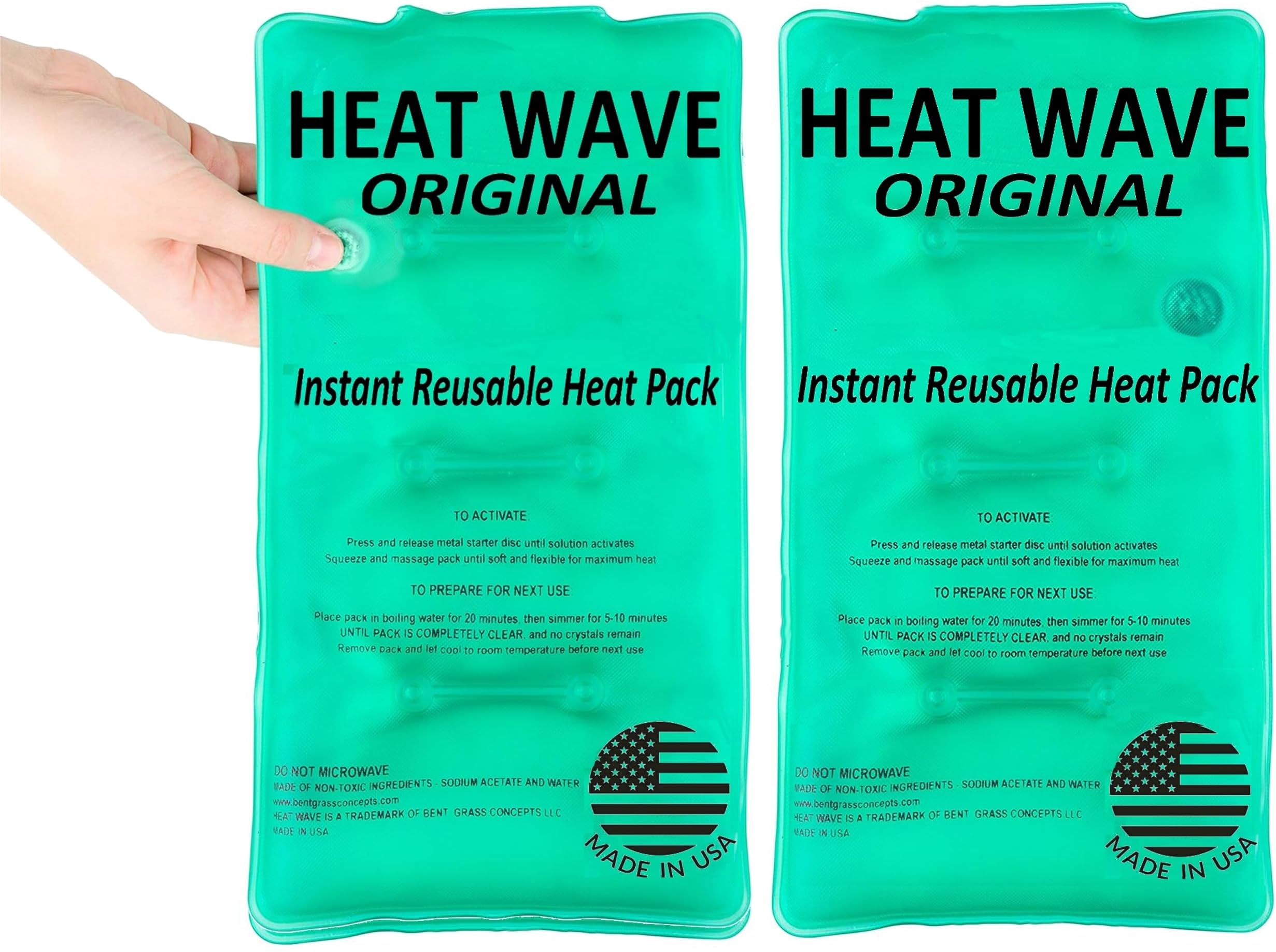 HEAT WAVE Instant Heat Packs Medium (5ร9โ)- Medical Grade Reusable Green 2-Pack Fast and HOT - Made in USA for Muscle Aches, Back, Arm, Shoulder, Pain Relief, Warmth on the Go; Heating Pad Click Heat