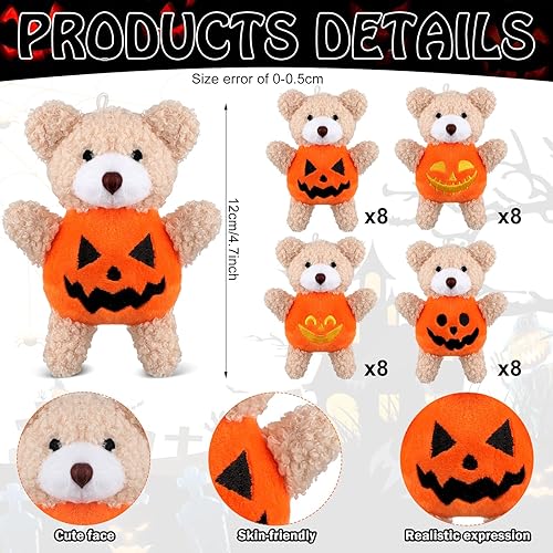 Miniatura 2 de Hiboom 32 piezas de oso de peluche de Halloween con disfraz de calabaza de 4.7 pulgadas, mini oso de peluche con cuerda para colgar, muñeca de oso