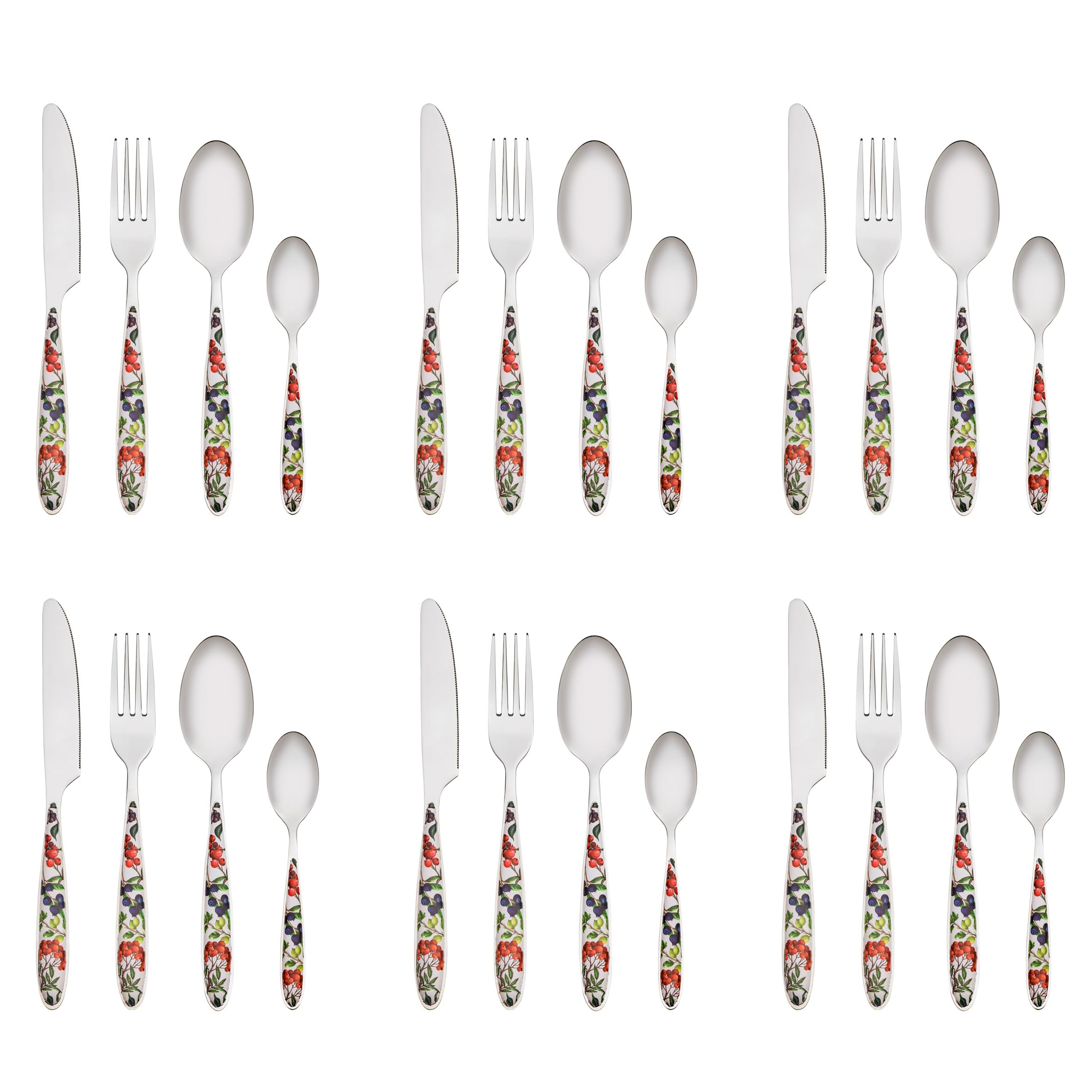 Baroni Home Set 24 pz Posate da Tavola in Acciaio Inox, Posate con Manico in Resina Fantasia Bacche per 6 Persone, Lavabili in Lavastoviglie, Forchetta, Coltello, Cucchiaio, Cucchiaino da The o Dolce