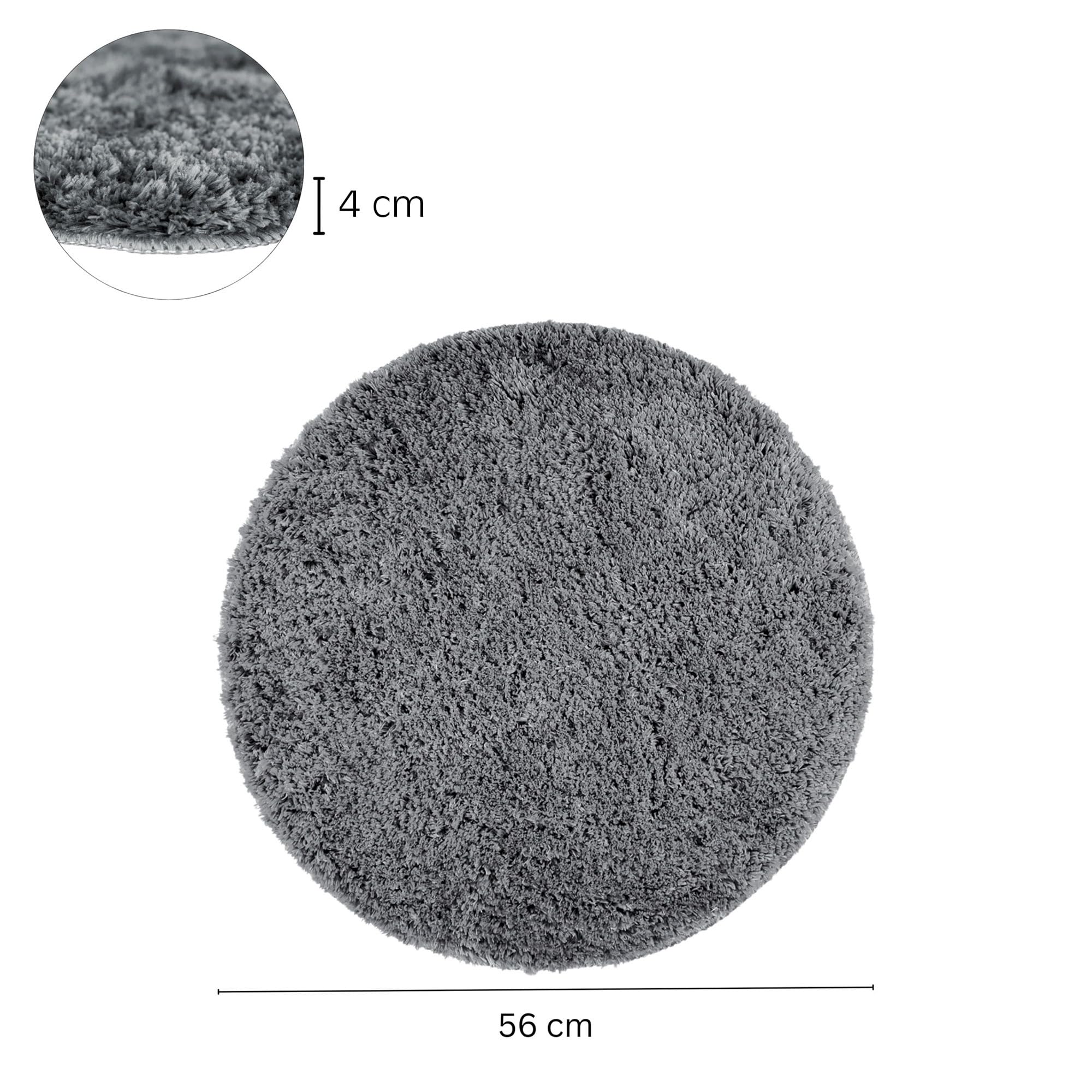 Tappeto bagno rotondo Ø 56 cm, microfibra shaggy a pelo lungo, grigio, antiscivolo e assorbente, lavabile in lavatrice 30°C e asciugabile a bassa temperatura, adatto a riscaldamento a pavimento