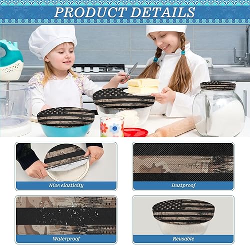 Miniatura 5 de Kcldeci 5 fundas para tazones con diseño de bandera estadounidense con camuflaje del desierto, reutilizables, 5 tamaños, tela elástica, fundas para